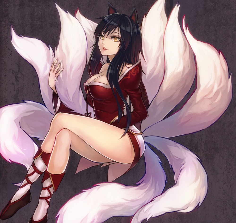 ahri animal_ears cleavage kitsune league_of_legends omone_tamashii tail