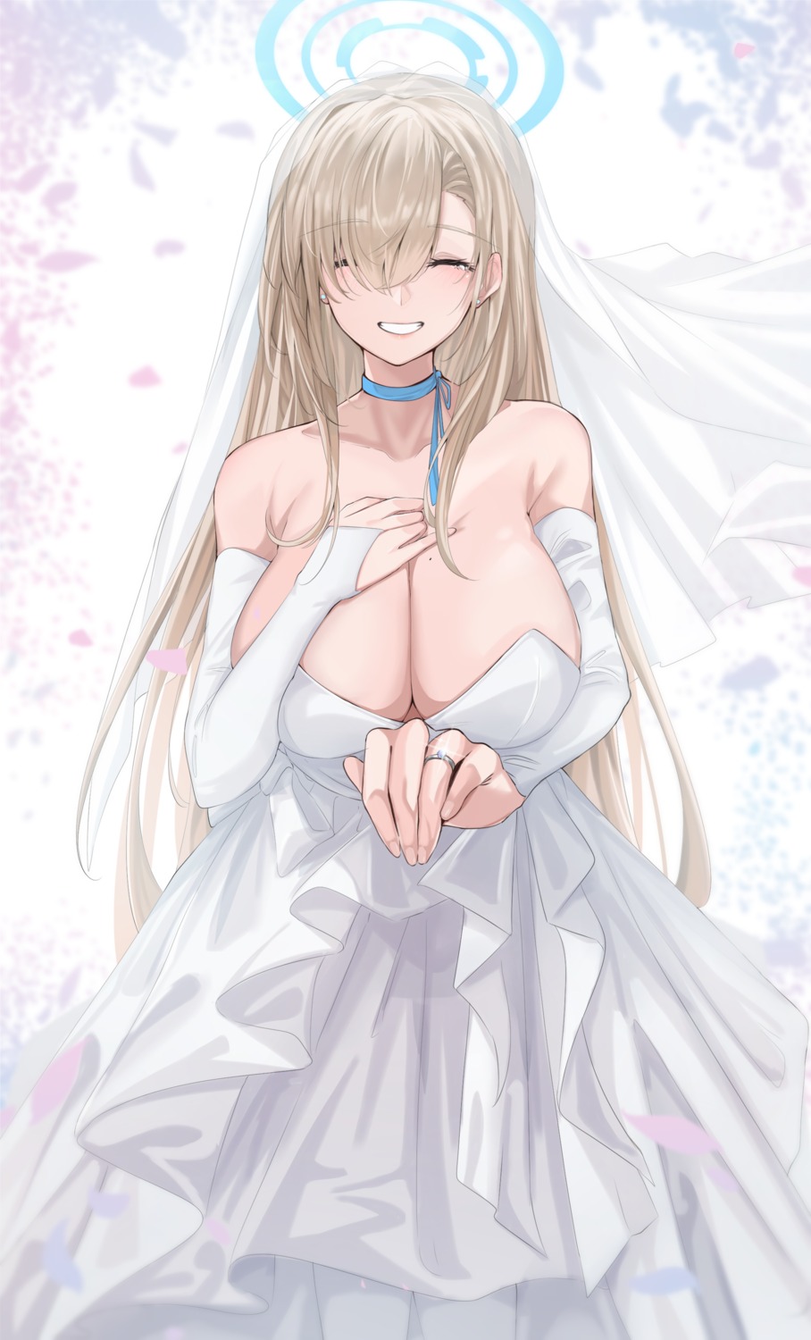 blue_archive breast_hold dress halo ichinose_asuna no_bra vanko_(vank0a) wedding_dress