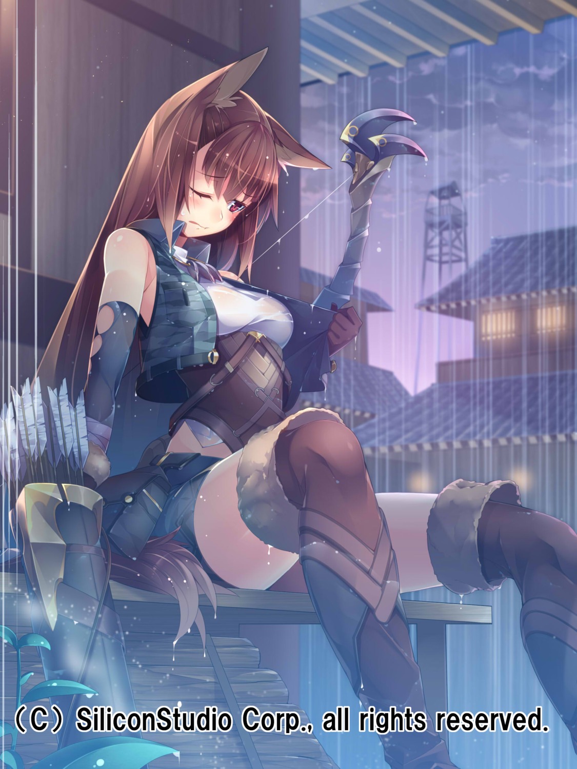 animal_ears gyakushuu_no_fantasica kokka_han tail weapon wet wet_clothes