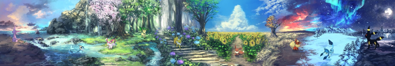 eevee espeon flareon glaceon jolteon landscape leafeon pippi_(pixiv1922055) pokemon sylveon umbreon vaporeon