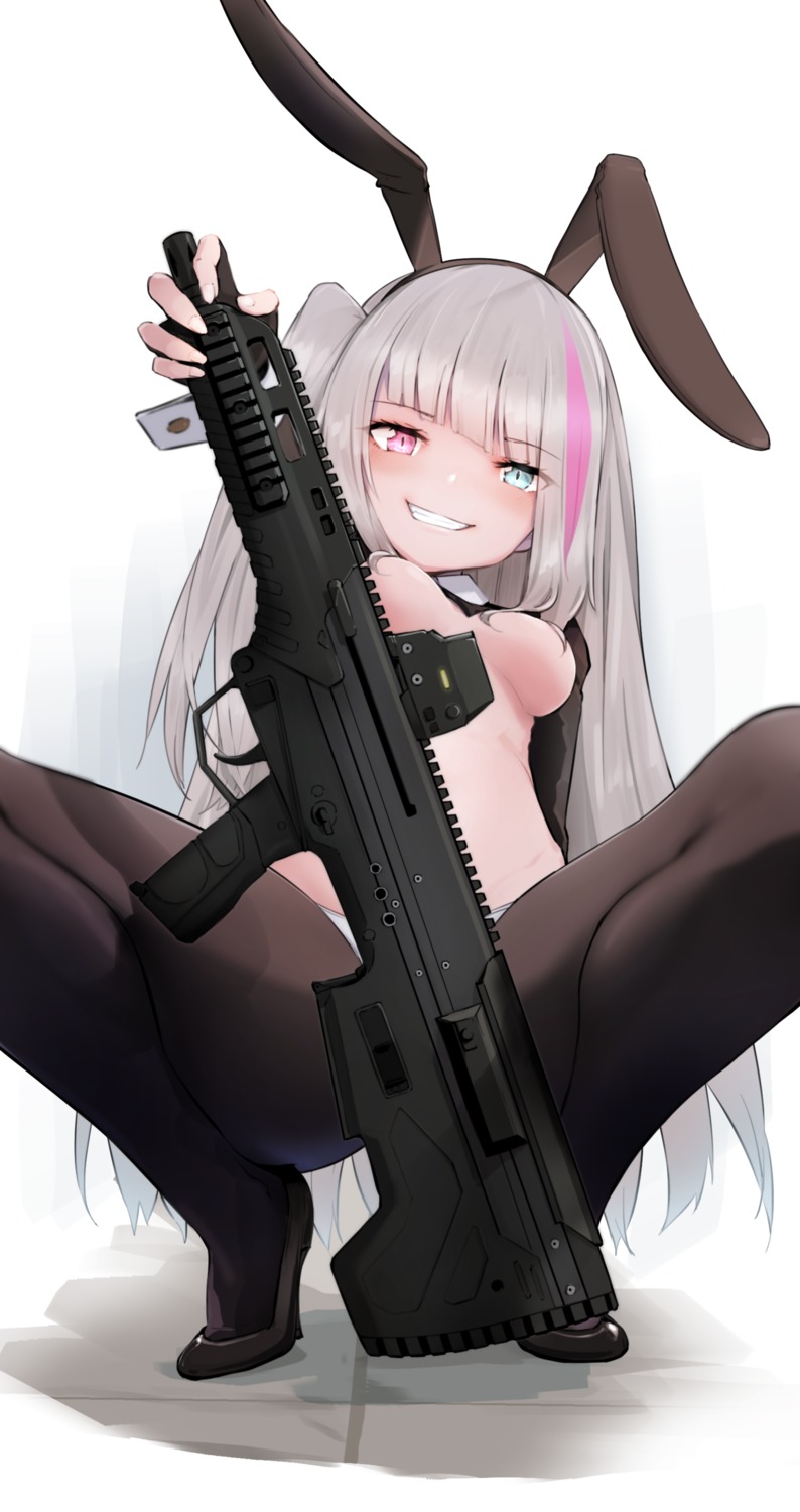 animal_ears breasts bunny_ears bunny_girl girls_frontline gun heels mdr_(girls_frontline) momo_(higanbana_and_girl) no_bra pantsu pantyhose