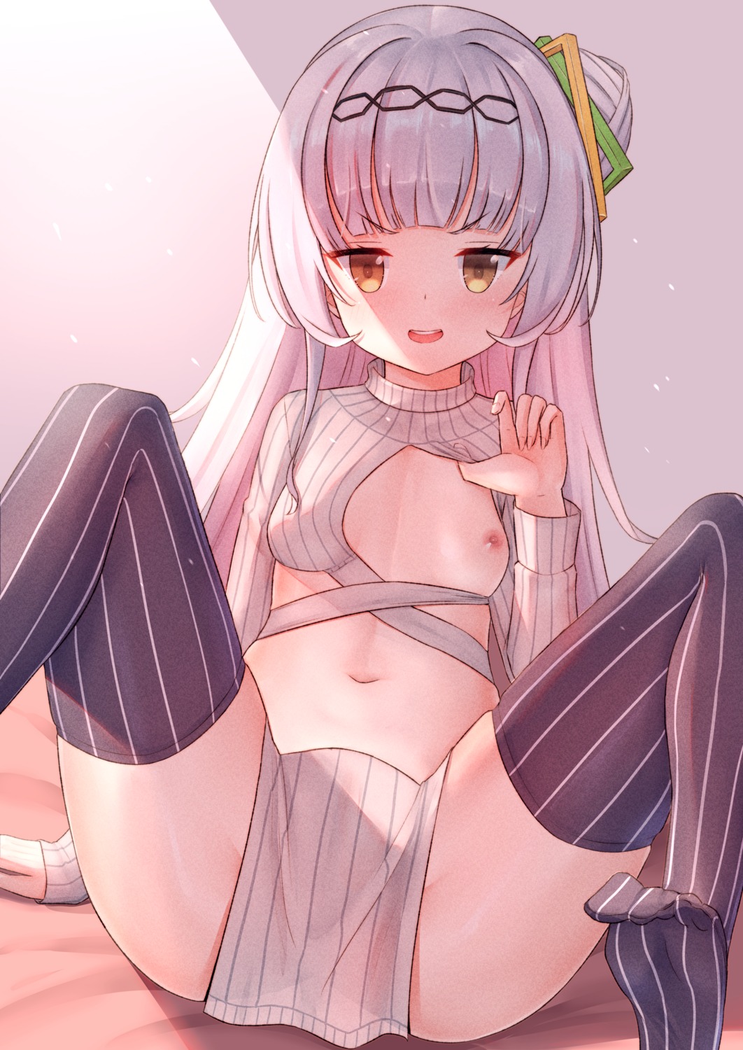 breasts cameltoe hololive loli murasaki_shion nipples no_bra ray_peng see_through sweater thighhighs