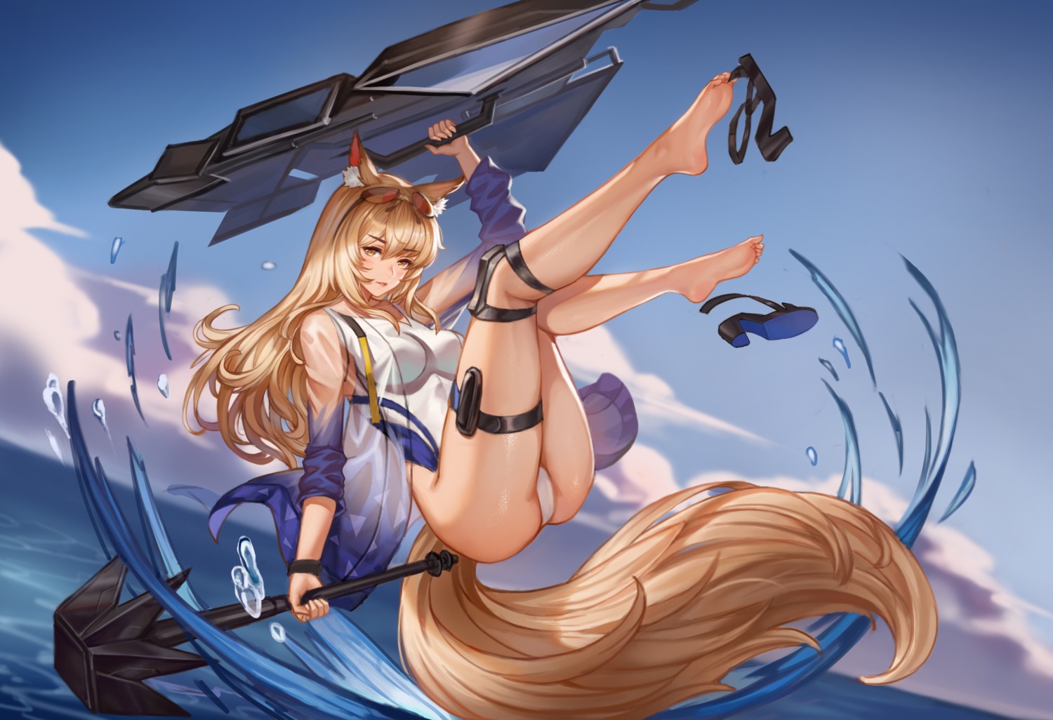 animal_ears arknights garter god_hunter heels nearl_(arknights) see_through swimsuits tail weapon