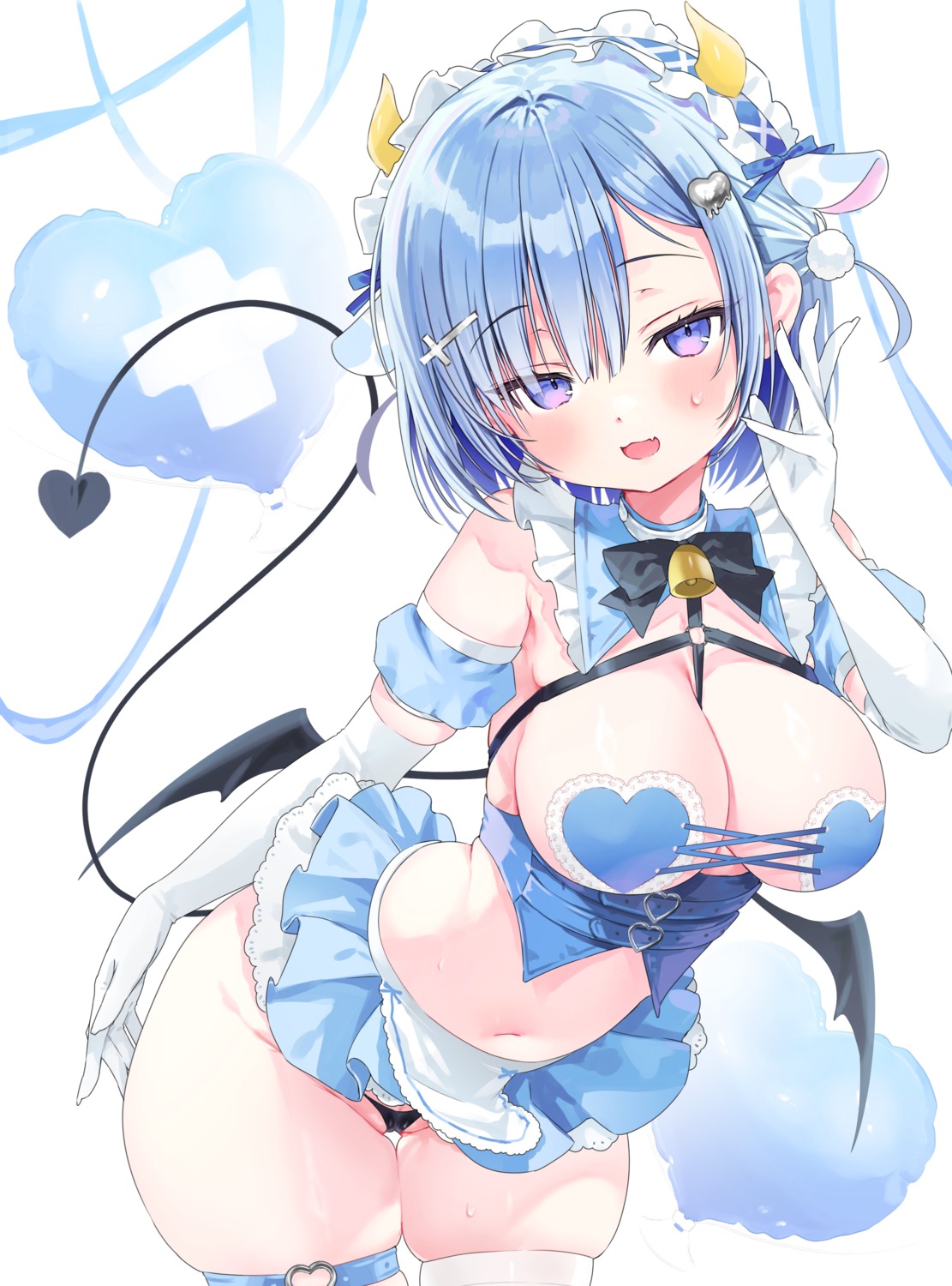 animal_ears garter horns nikuya_(nikuniku_nikuya) no_bra pantsu skirt_lift tail thighhighs thong wings