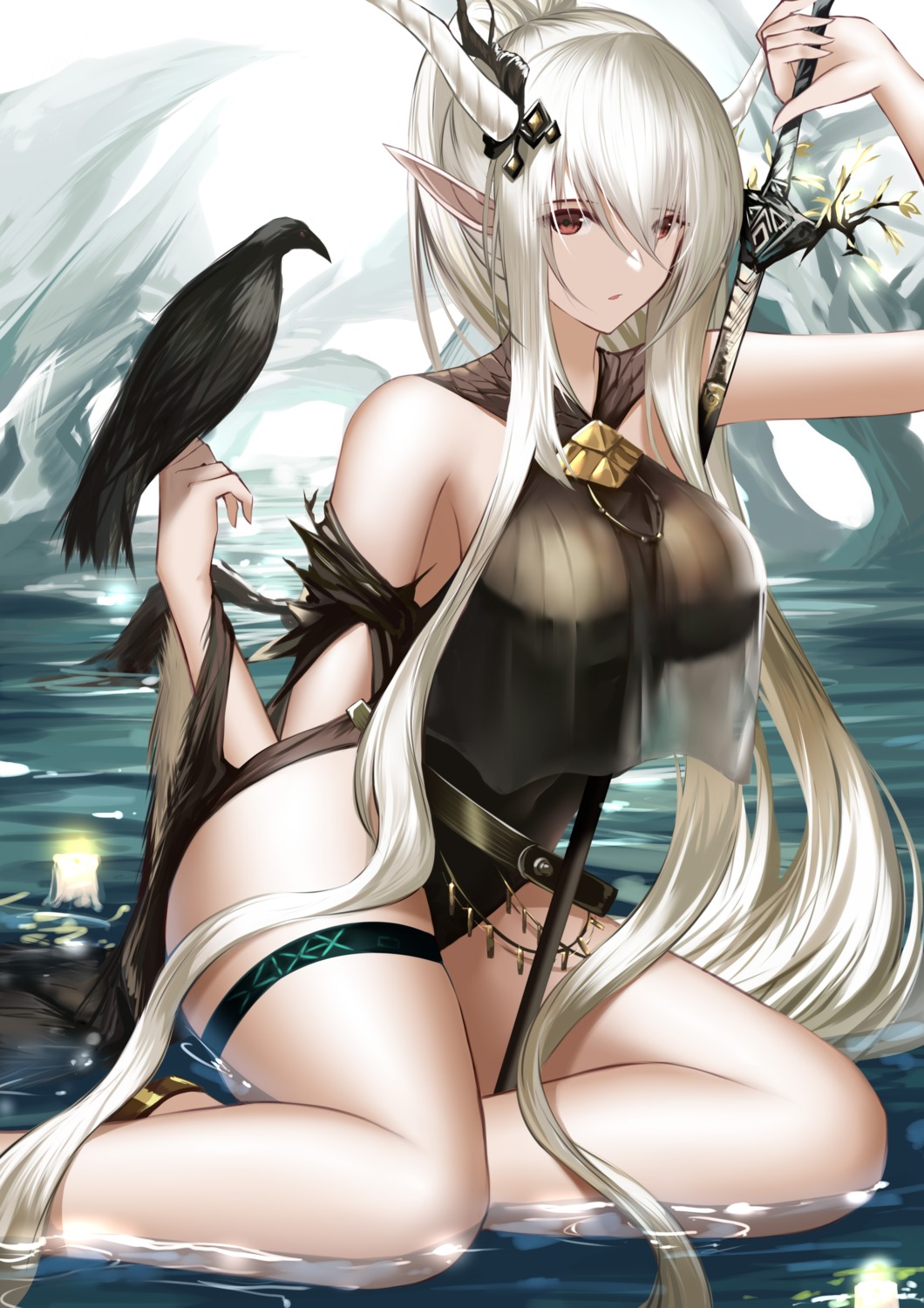 an_yasuri arknights garter horns pointy_ears shining_(arknights) swimsuits sword wet