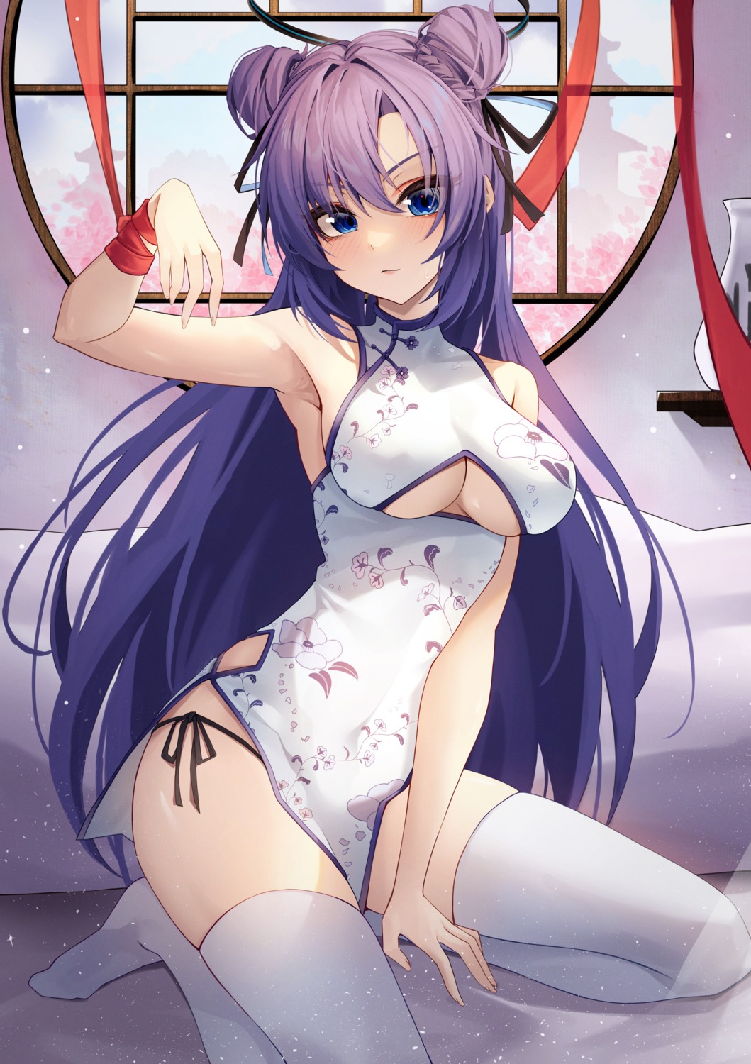 blue_archive chinadress halo hayase_yuuka hidel no_bra pantsu string_panties thighhighs