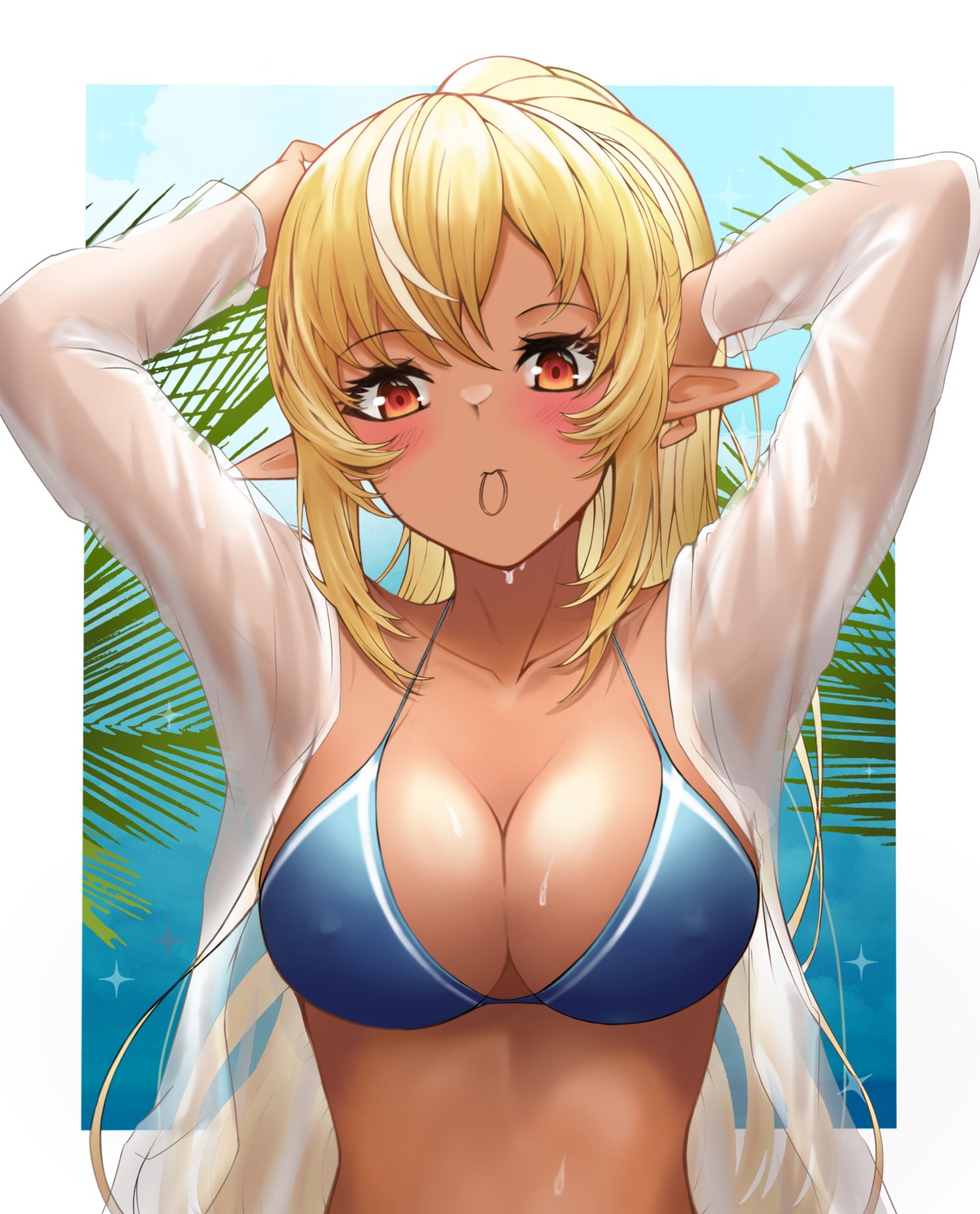bikini_top hololive lds_(dstwins97) open_shirt pointy_ears see_through shiranui_flare swimsuits
