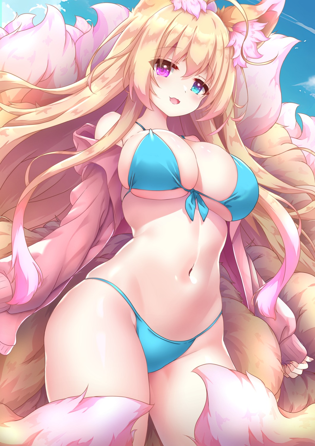 animal_ears bikini heterochromia kitsune kitsune_mugi_nyan open_shirt swimsuits tail