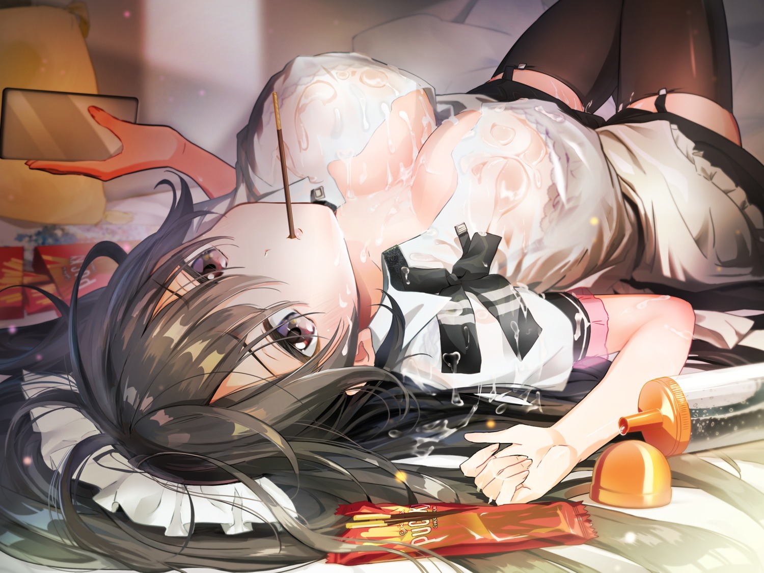 bra maid open_shirt see_through stockings thighhighs wet wet_clothes yamamoto_miyu_(m__y__u_)