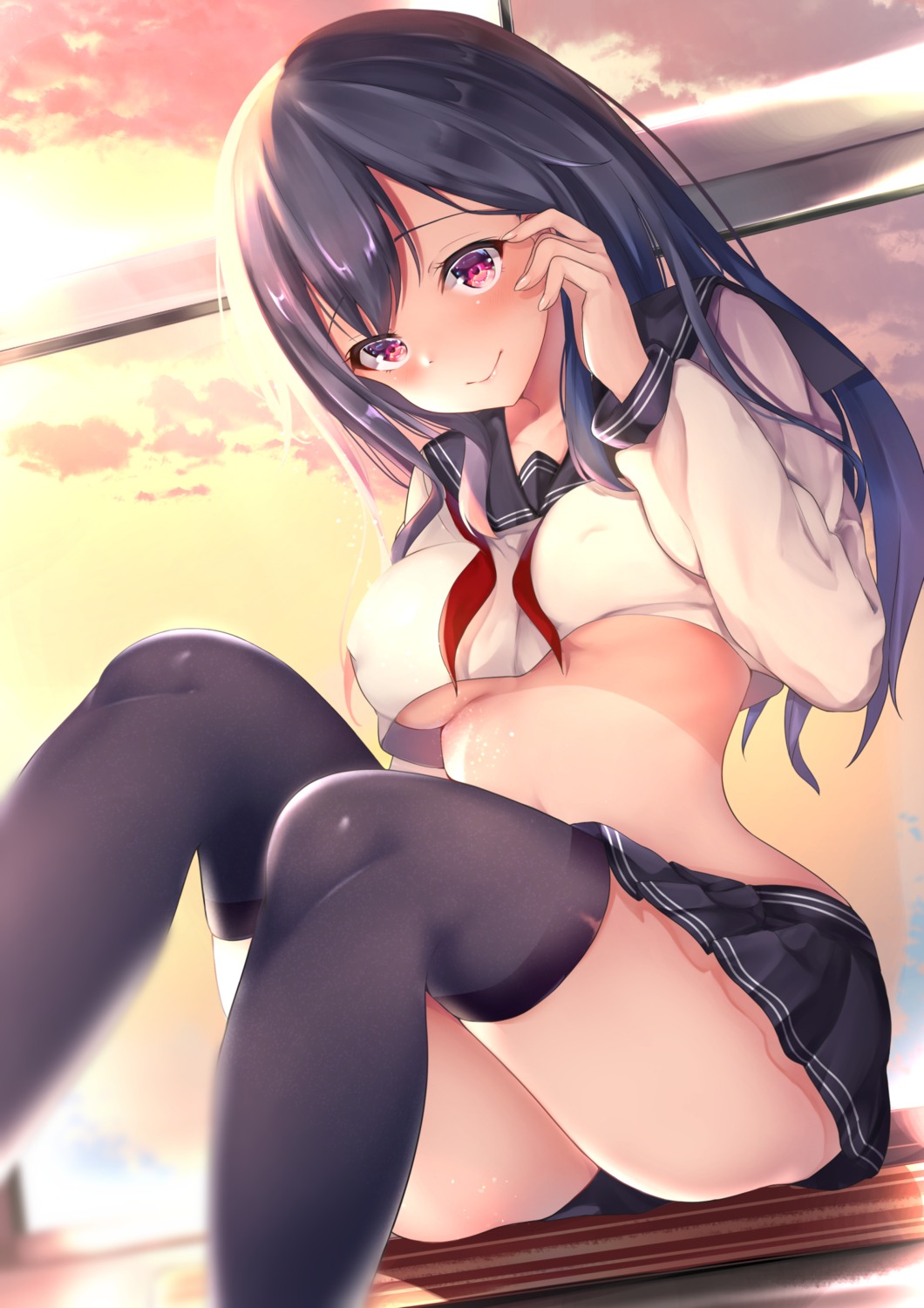 erect_nipples no_bra seifuku shirt_lift sora_(pixiv32463296) thighhighs underboob