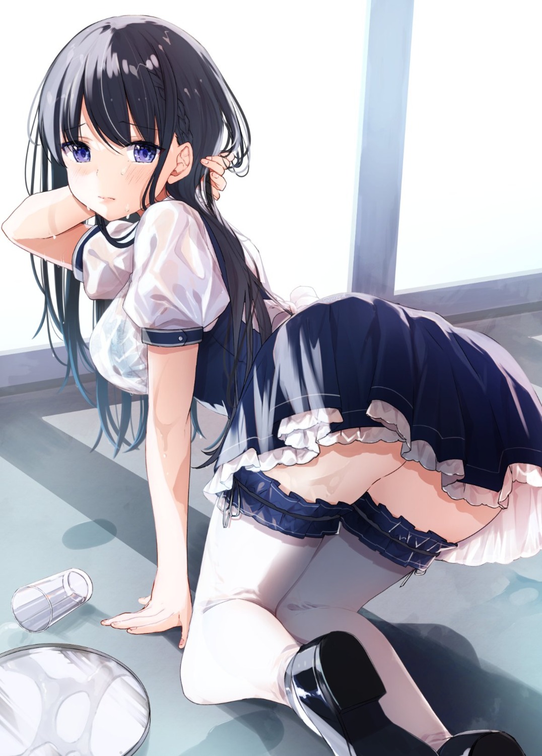 bra see_through skirt_lift thighhighs waitress wet wet_clothes yu_yu