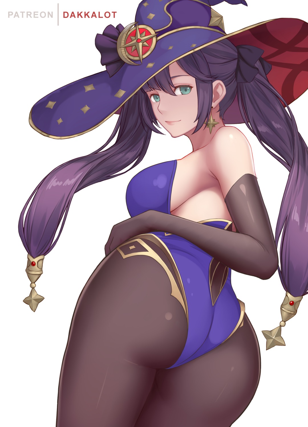 ass dakkalot genshin_impact leotard mona_megistus no_bra pantyhose witch