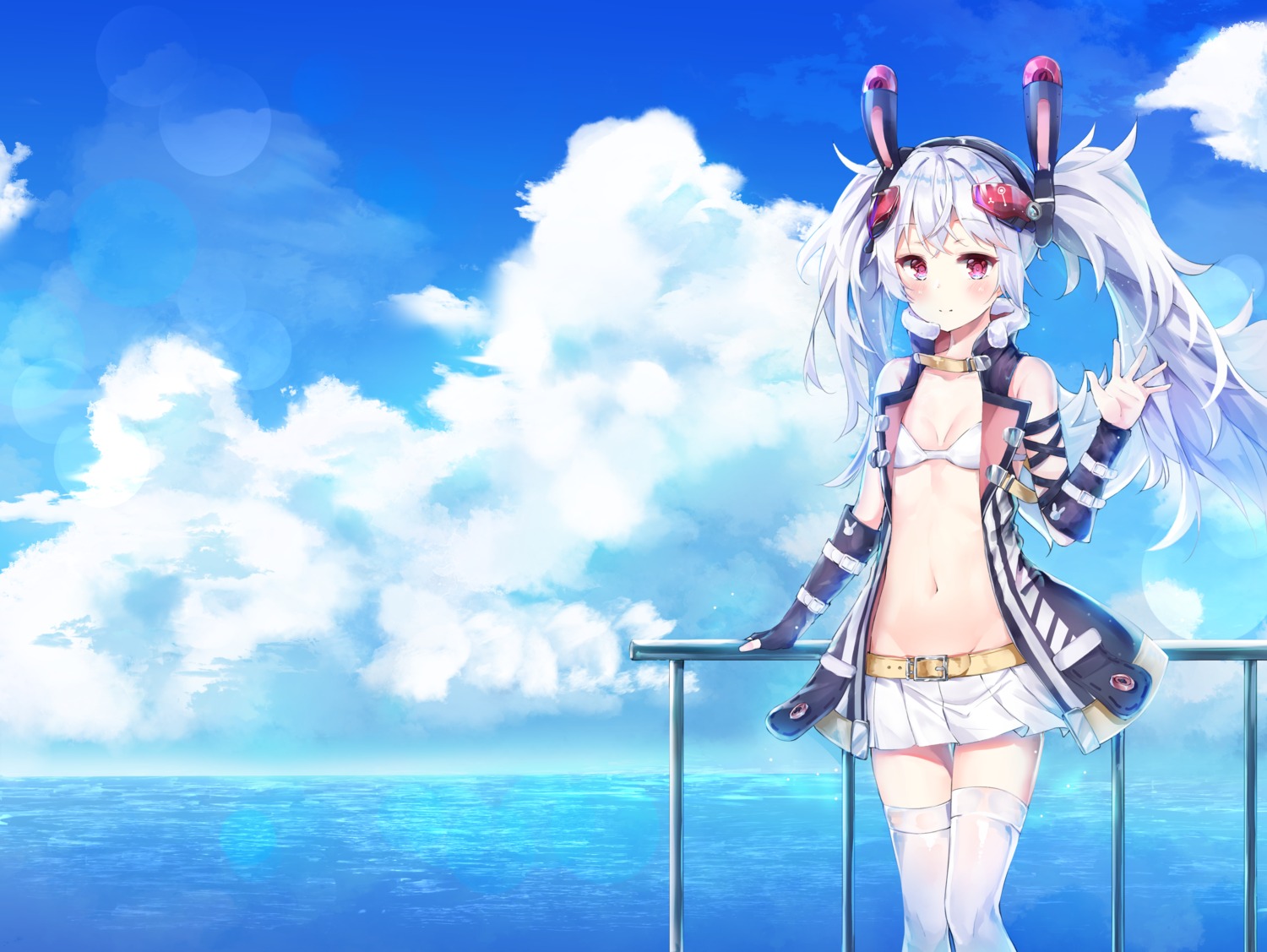 animal_ears azur_lane bikini_top bunny_ears geuyeon laffey_(azur_lane) open_shirt swimsuits thighhighs