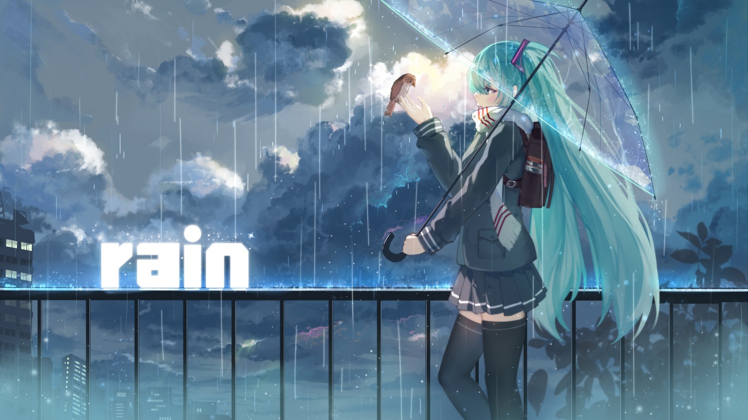 baisi_shaonian hatsune_miku landscape seifuku thighhighs umbrella vocaloid