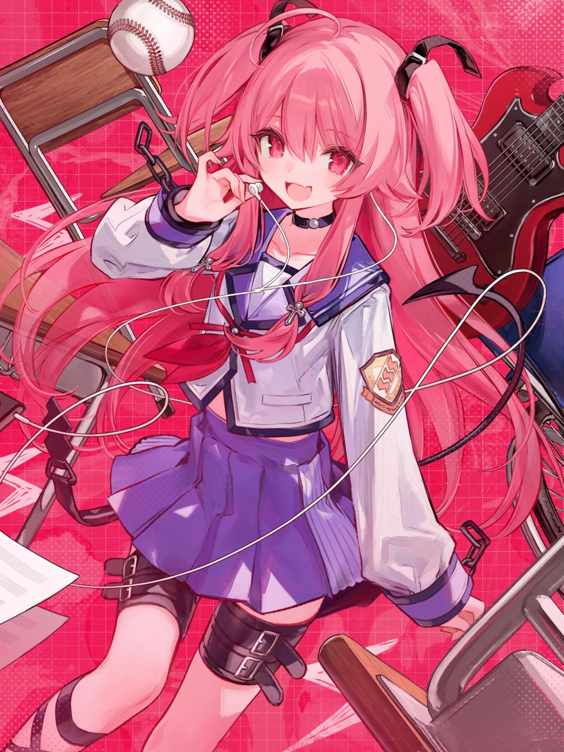 angel_beats! baseball chocoan garter guitar seifuku tail yoshioka_yui