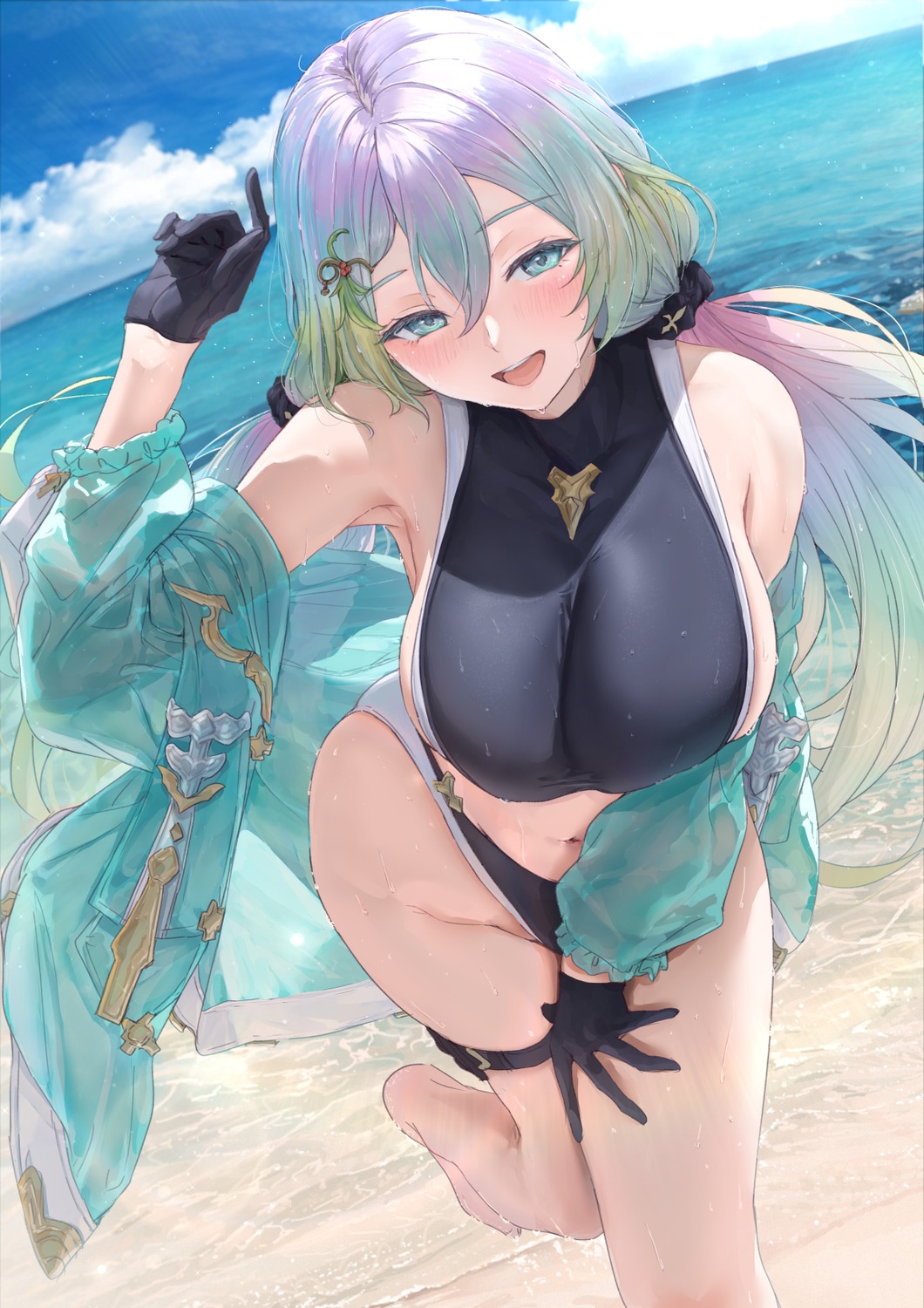 akita_hika bikini cupitan_(granblue_fantasy) garter granblue_fantasy open_shirt see_through swimsuits wet