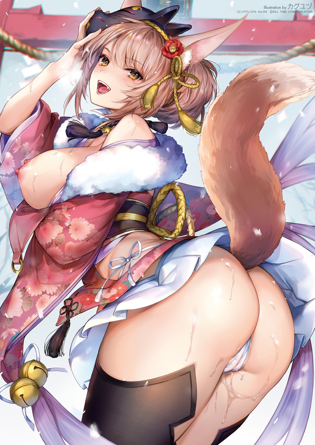 animal_ears breasts cameltoe kaguyuzu kimono kitsune nipples no_bra pantsu pussy_juice tail thighhighs