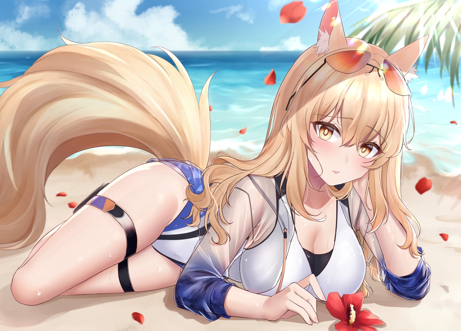 animal_ears arknights cleavage garter jyu-so megane nearl_(arknights) see_through swimsuits tail wet wet_clothes