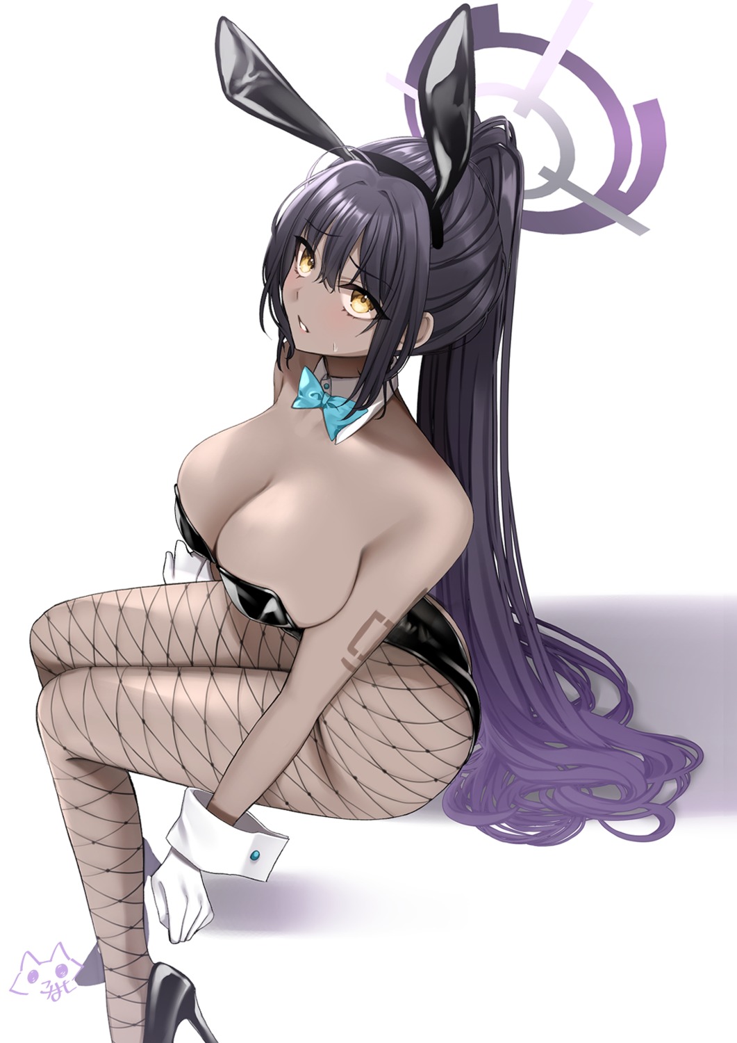 animal_ears blue_archive bunny_ears bunny_girl fishnets halo hamcheeseand heels kakudate_karin no_bra pantyhose tattoo