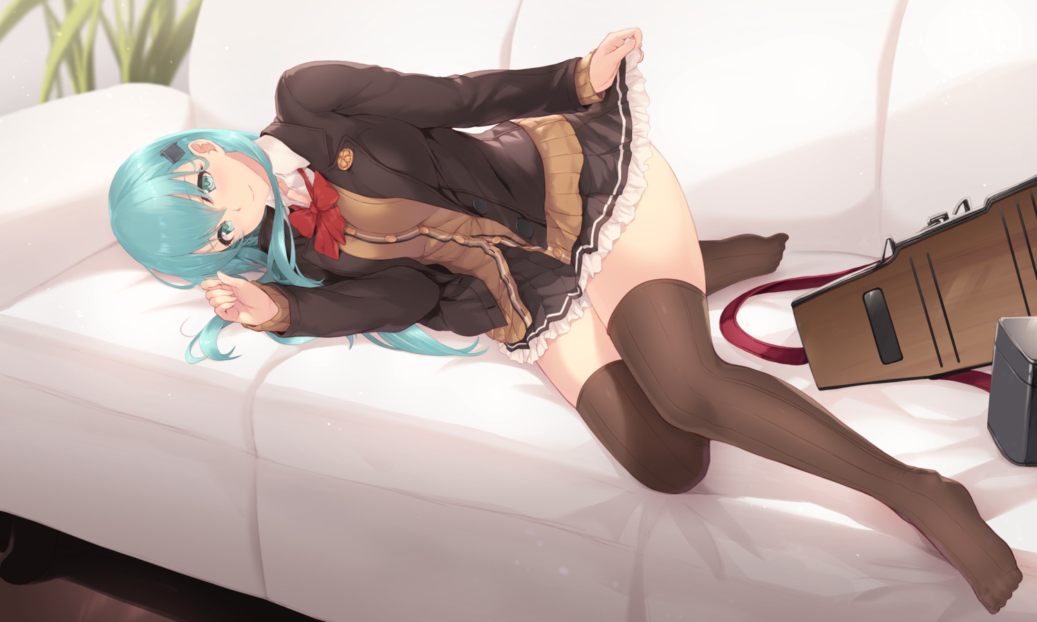 cait kantai_collection seifuku skirt_lift suzuya_(kancolle) sweater thighhighs