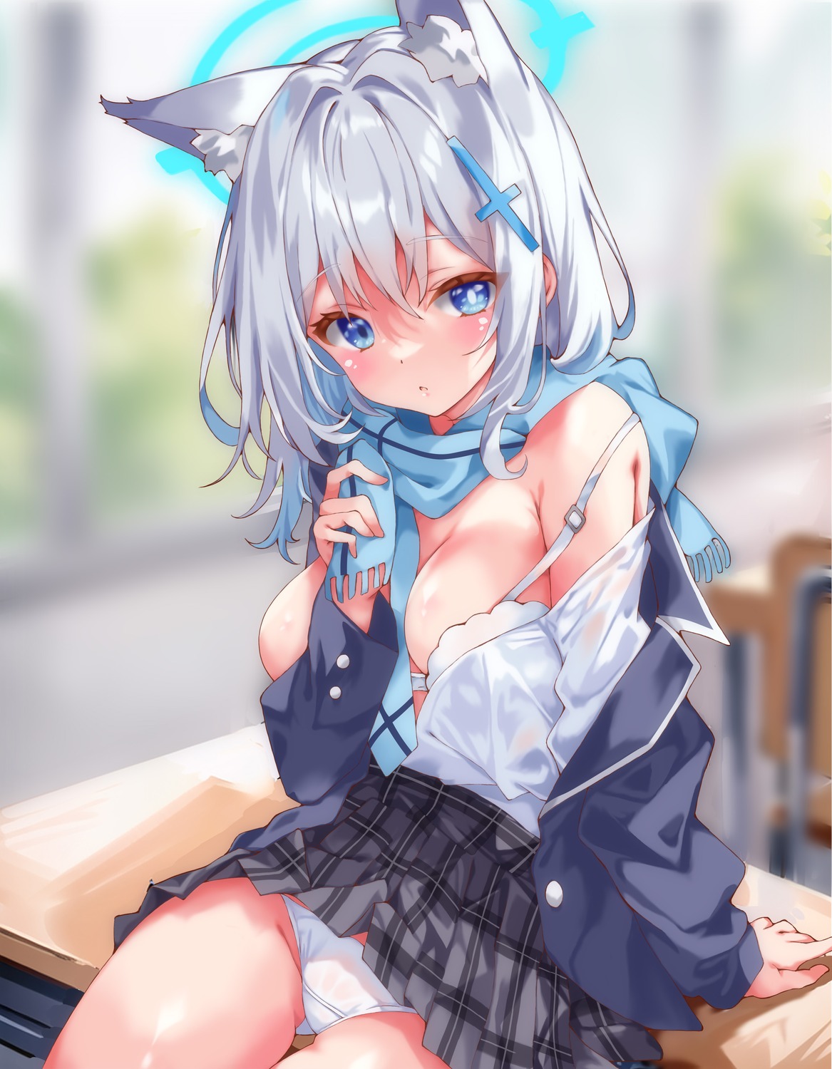 animal_ears blue_archive bra halo iwato_(celler) nekomimi open_shirt pantsu seifuku skirt_lift sunaookami_shiroko