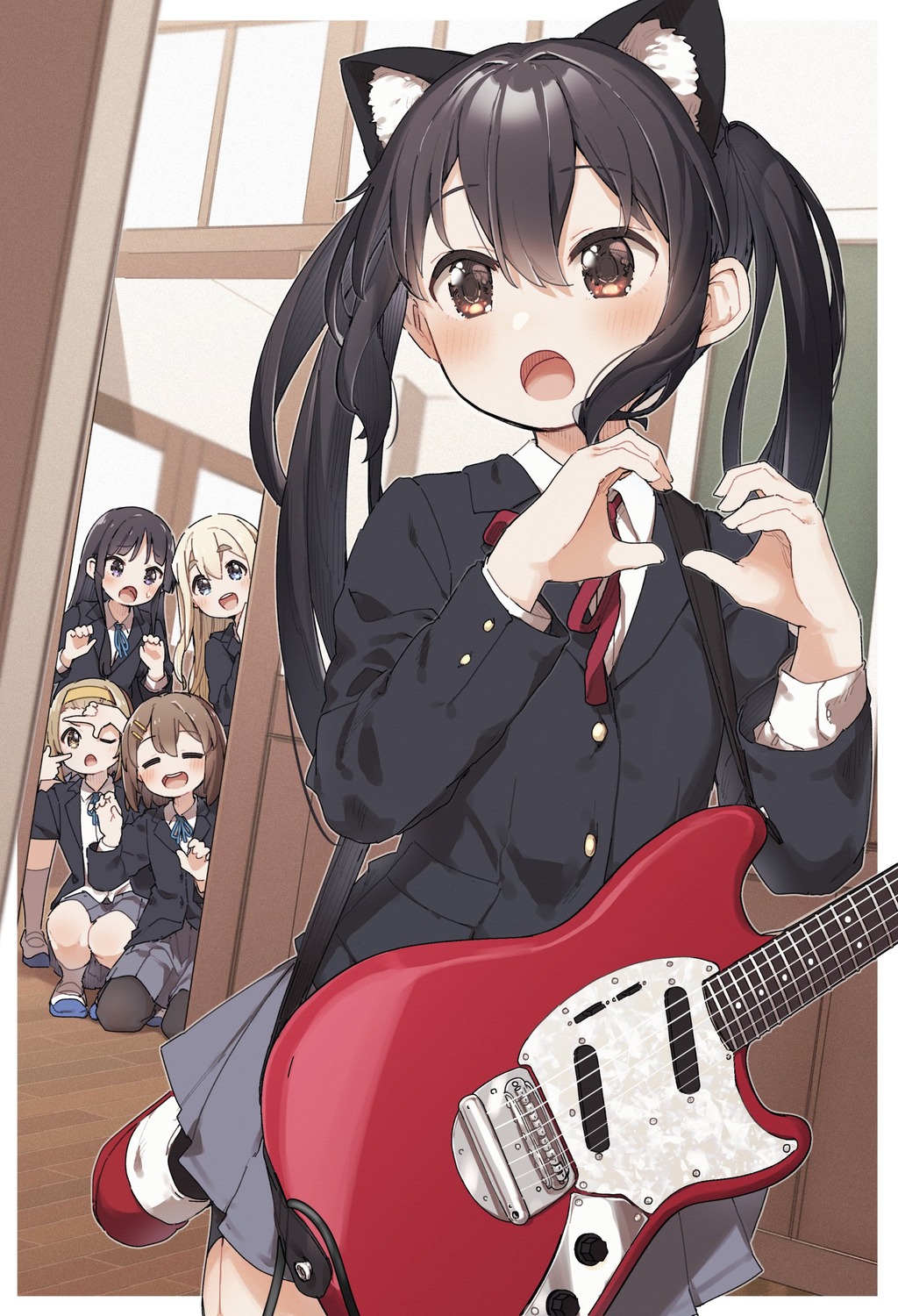 akiyama_mio animal_ears guitar hirasawa_yui k-on! kotobuki_tsumugi kusaka_shi nakano_azusa nekomimi seifuku tainaka_ritsu