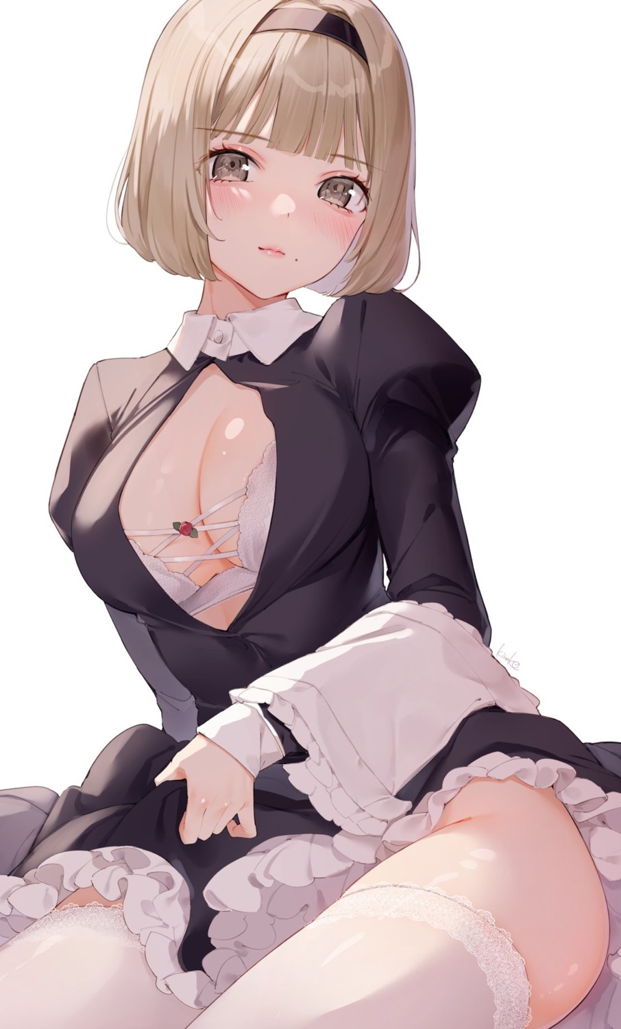 bra kinako_(shiratama_mochi) maid nopan open_shirt skirt_lift thighhighs