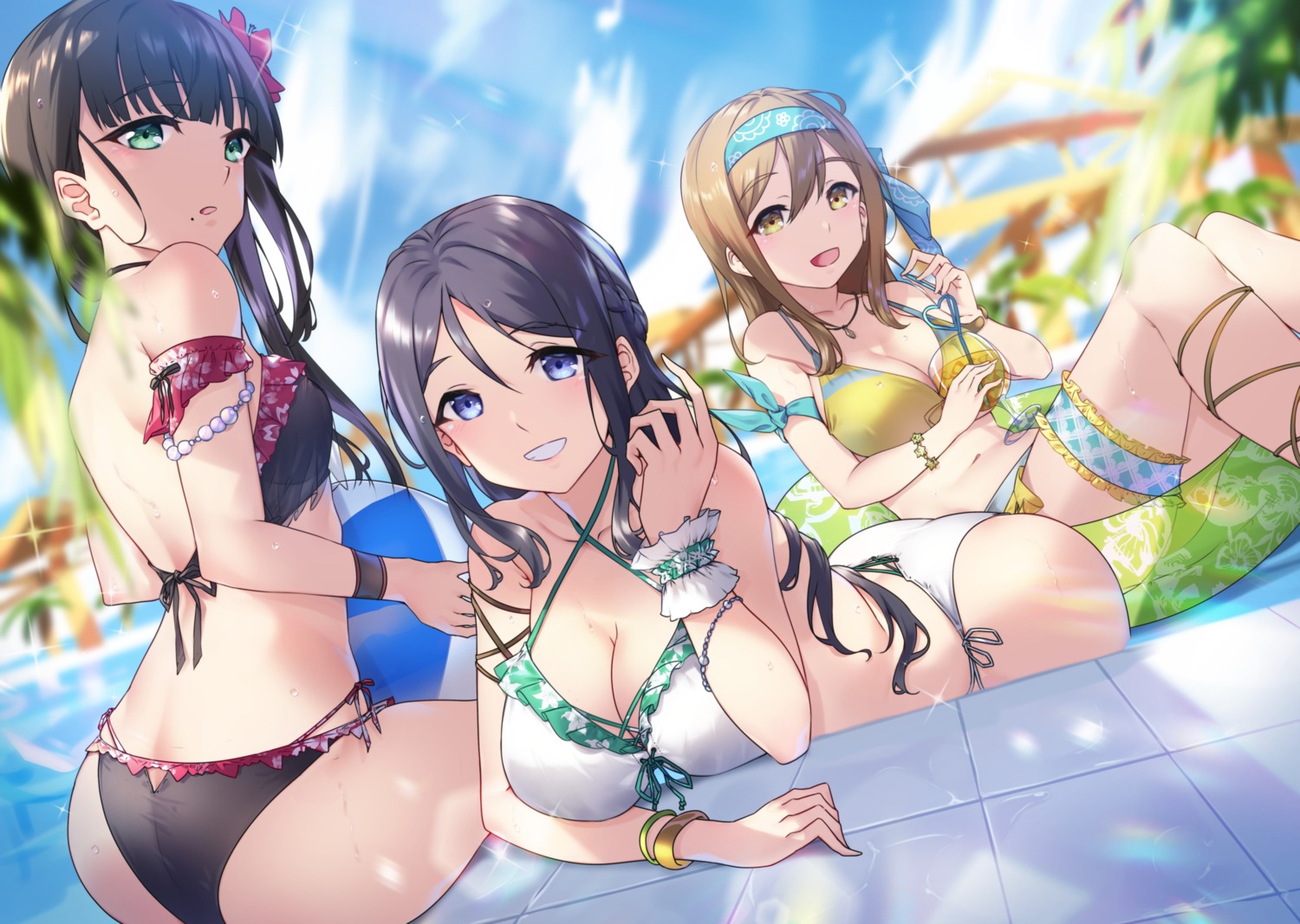 ass bikini cleavage garter kunikida_hanamaru kurosawa_dia love_live!_sunshine!! matsuura_kanan swimsuits wet yamaori_(yamaorimon)