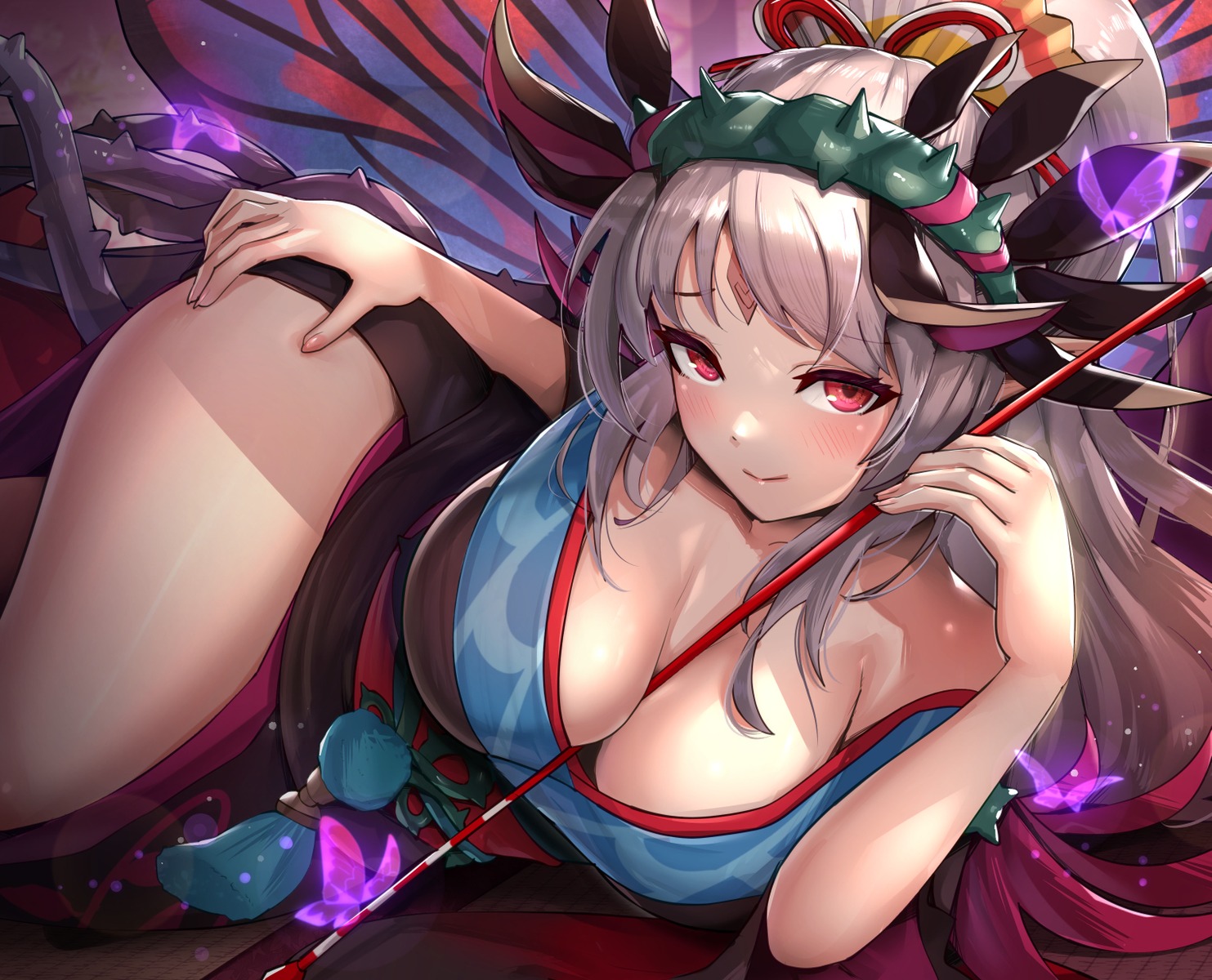 cleavage fire_emblem fire_emblem_heroes gonzarez japanese_clothes no_bra open_shirt plumeria_(fire_emblem) skirt_lift wings