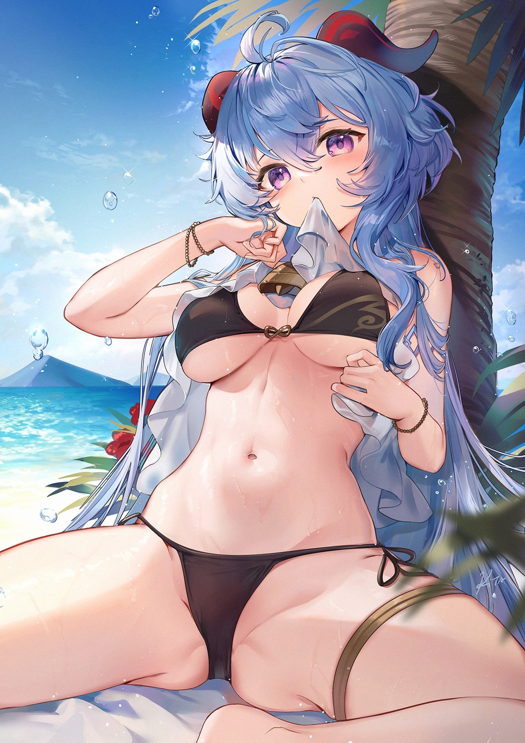 bikini ganyu garter genshin_impact horns kita_(kitairoha) shirt_lift swimsuits thong