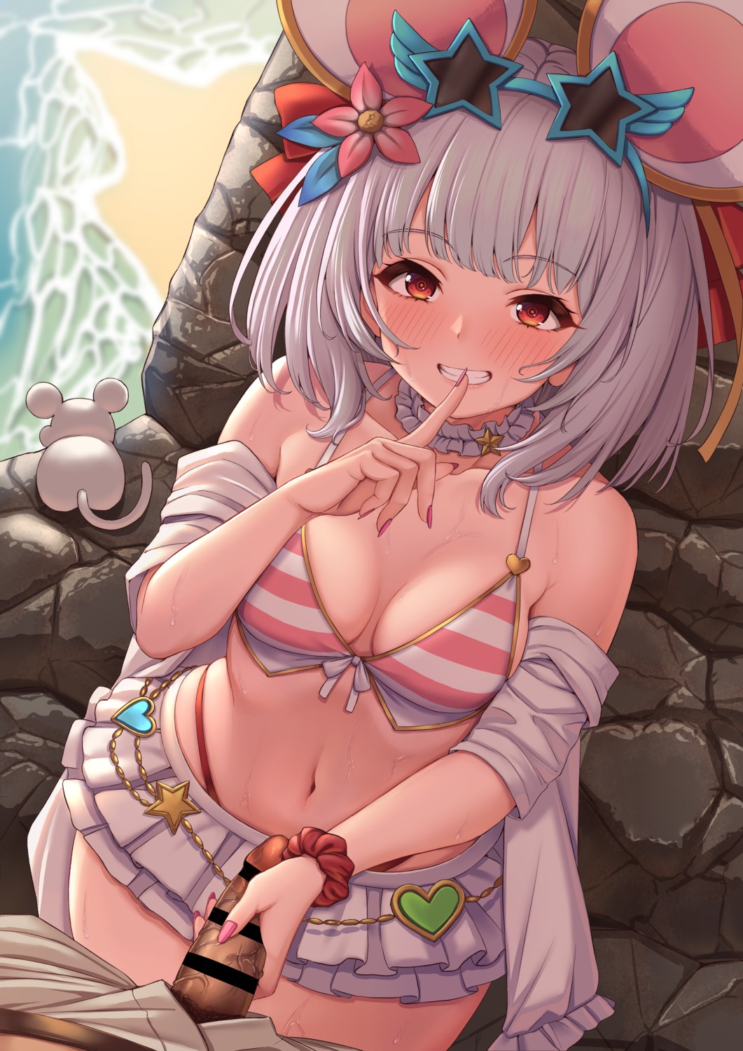 animal_ears bikini censored cleavage granblue_fantasy handjob momo_no_sukebe open_shirt penis swimsuits vikala_(granblue_fantasy)