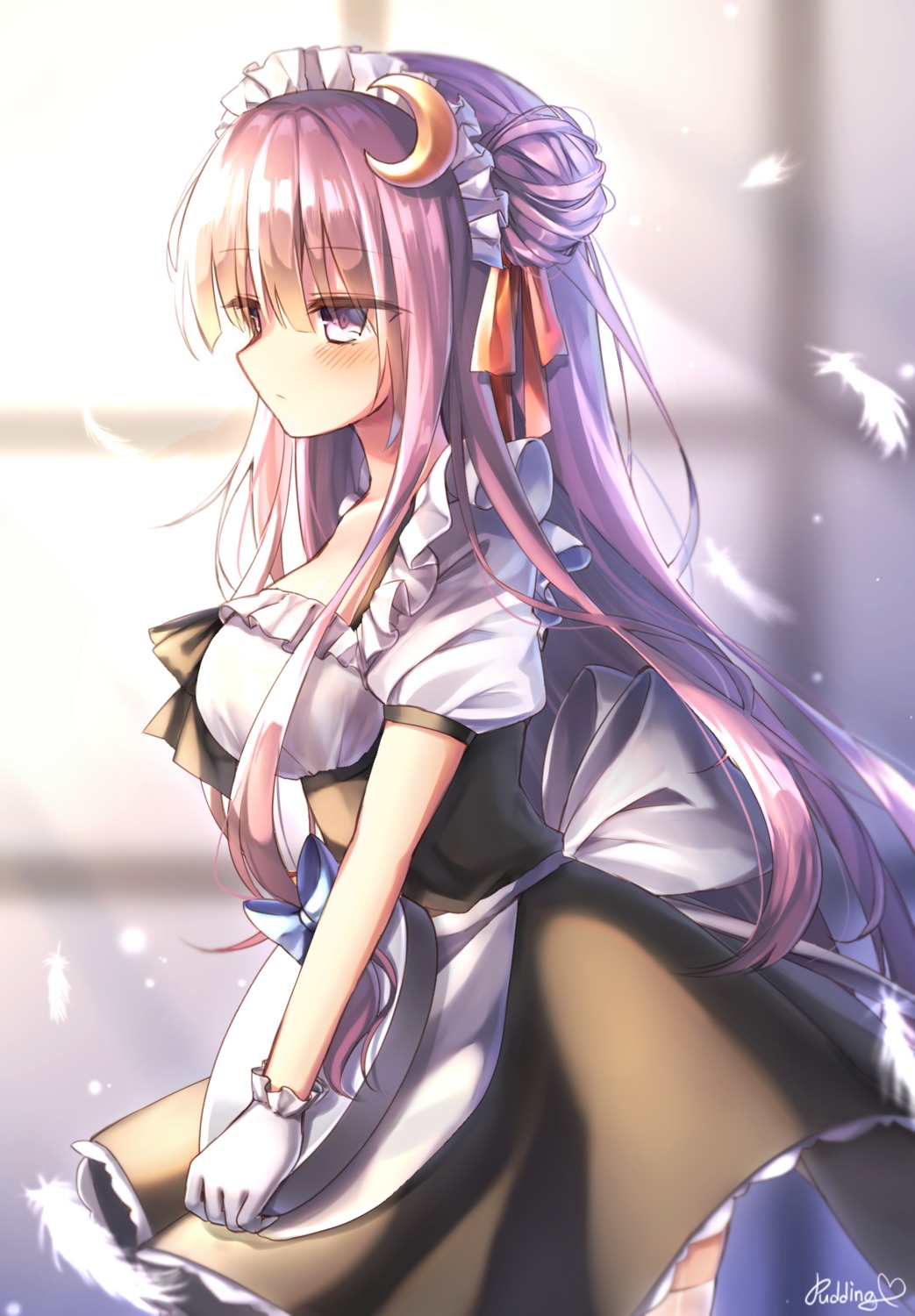 maid patchouli_knowledge pudding skirt_lift thighhighs touhou