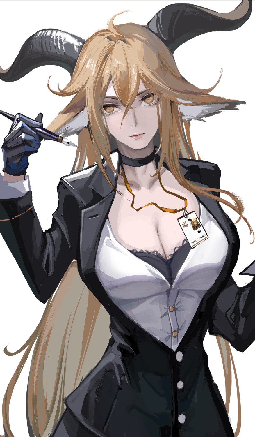 animal_ears arknights bra cleavage degenbrecher_(arknights) horns open_shirt uniform yaoshan_shi