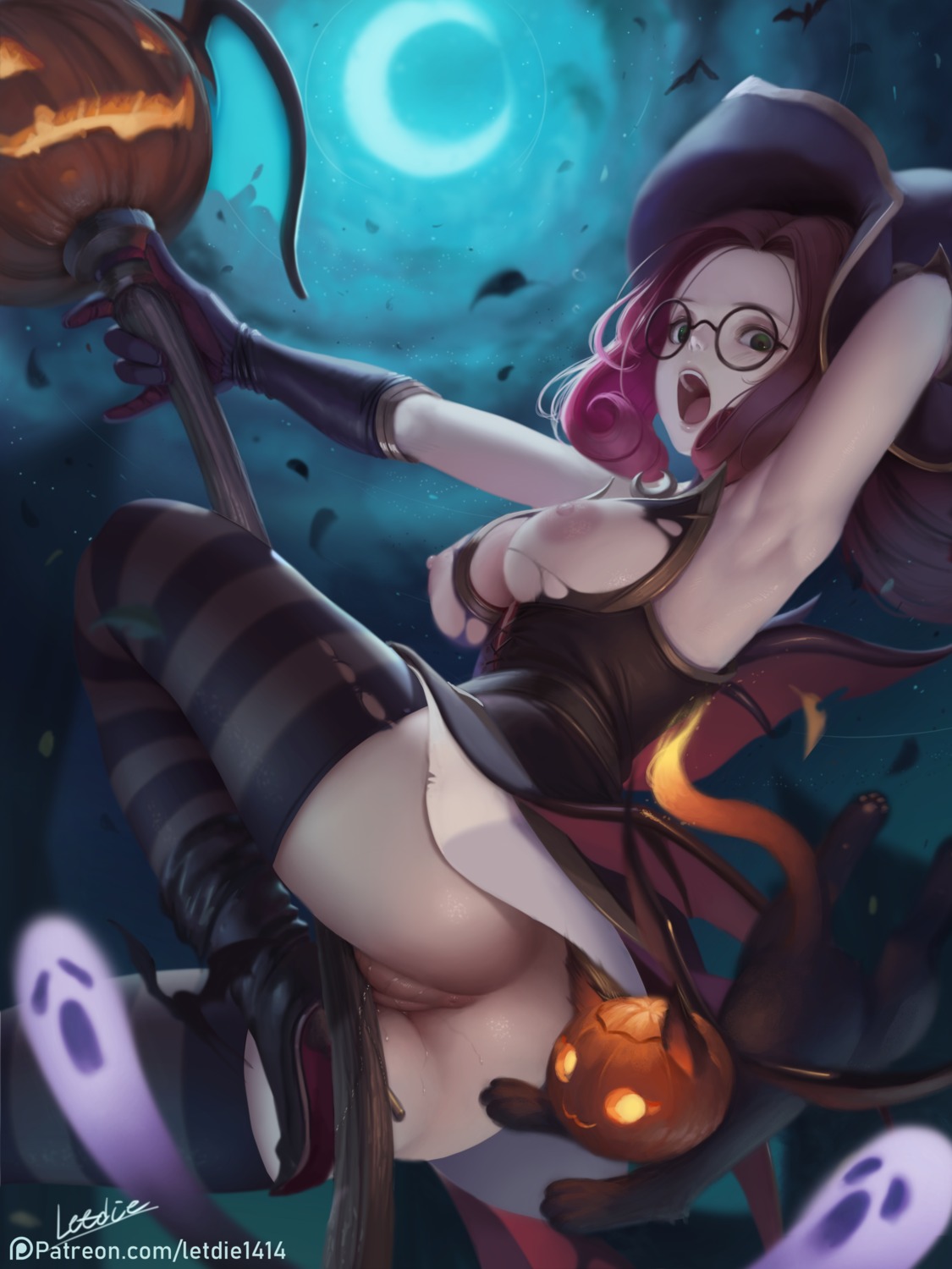 anus ass breasts halloween heels league_of_legends letdie1414 megane neko nipples no_bra nopan pussy pussy_juice skirt_lift thighhighs torn_clothes uncensored witch