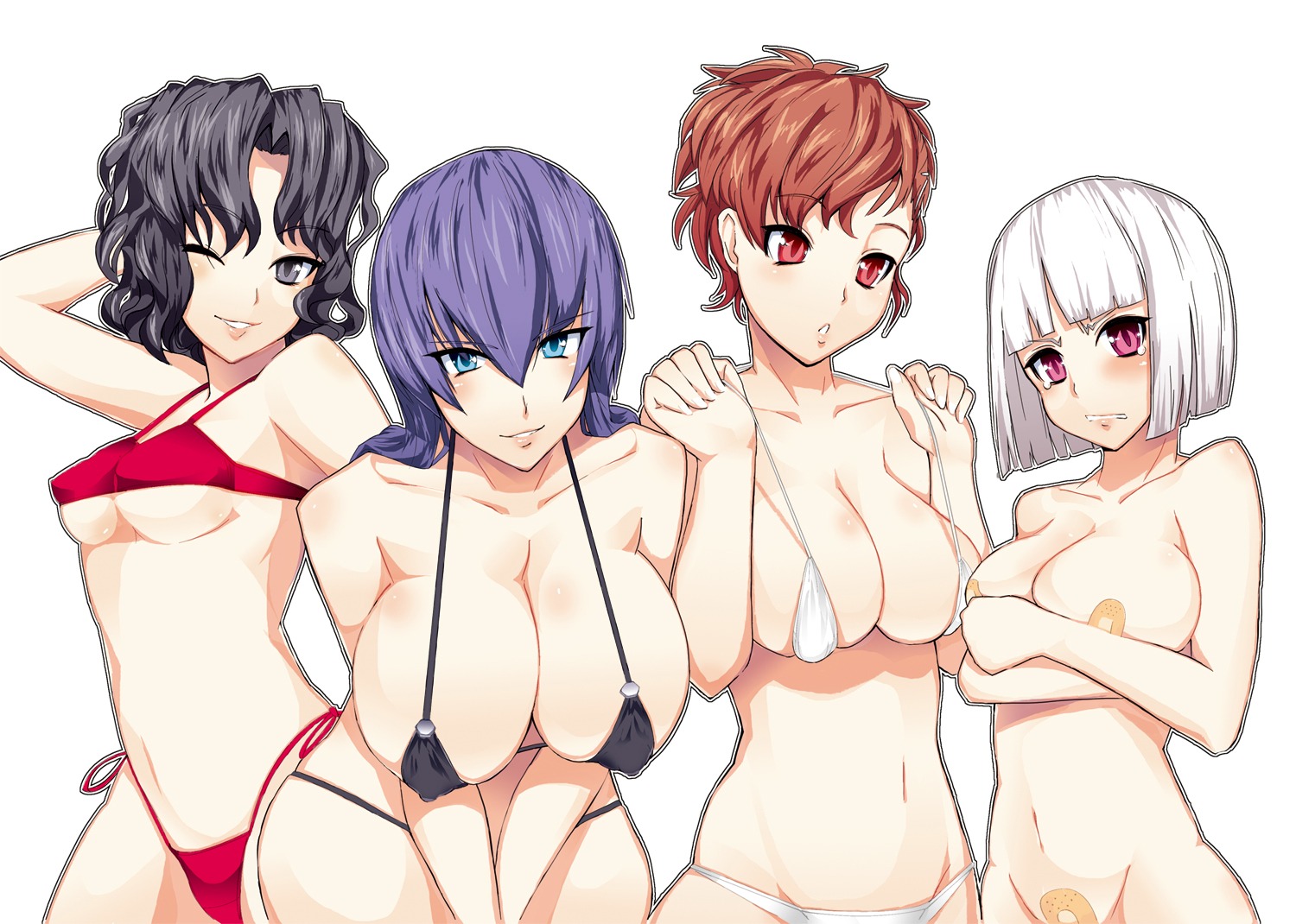 amagami bandaid bikini breast_hold busujima_saeko cleavage crossover erect_nipples female_protagonist_(p3) highschool_of_the_dead katanagatari maebari megaten miyamoto_issa naked pasties persona persona_3 swimsuits tanamachi_kaoru togame underboob