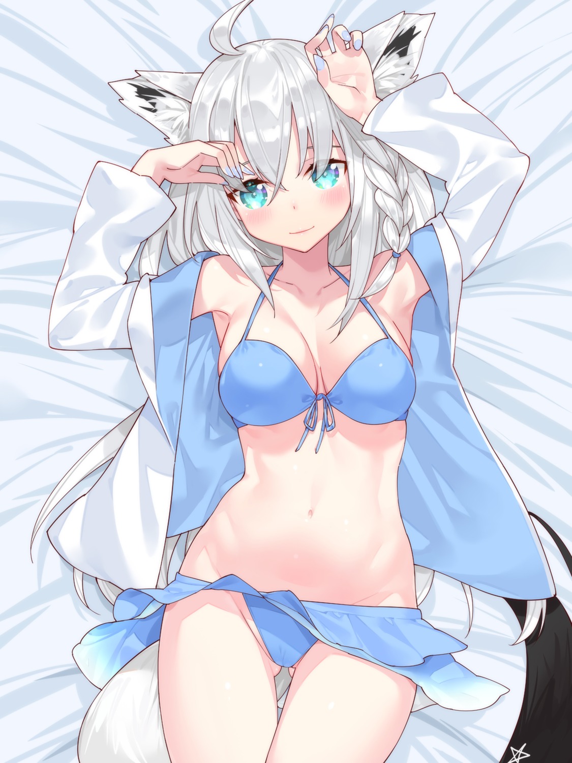 animal_ears bikini cameltoe cleavage hololive hololive_gamers kitsune open_shirt shirakami_fubuki skirt_lift swimsuits tail waterring