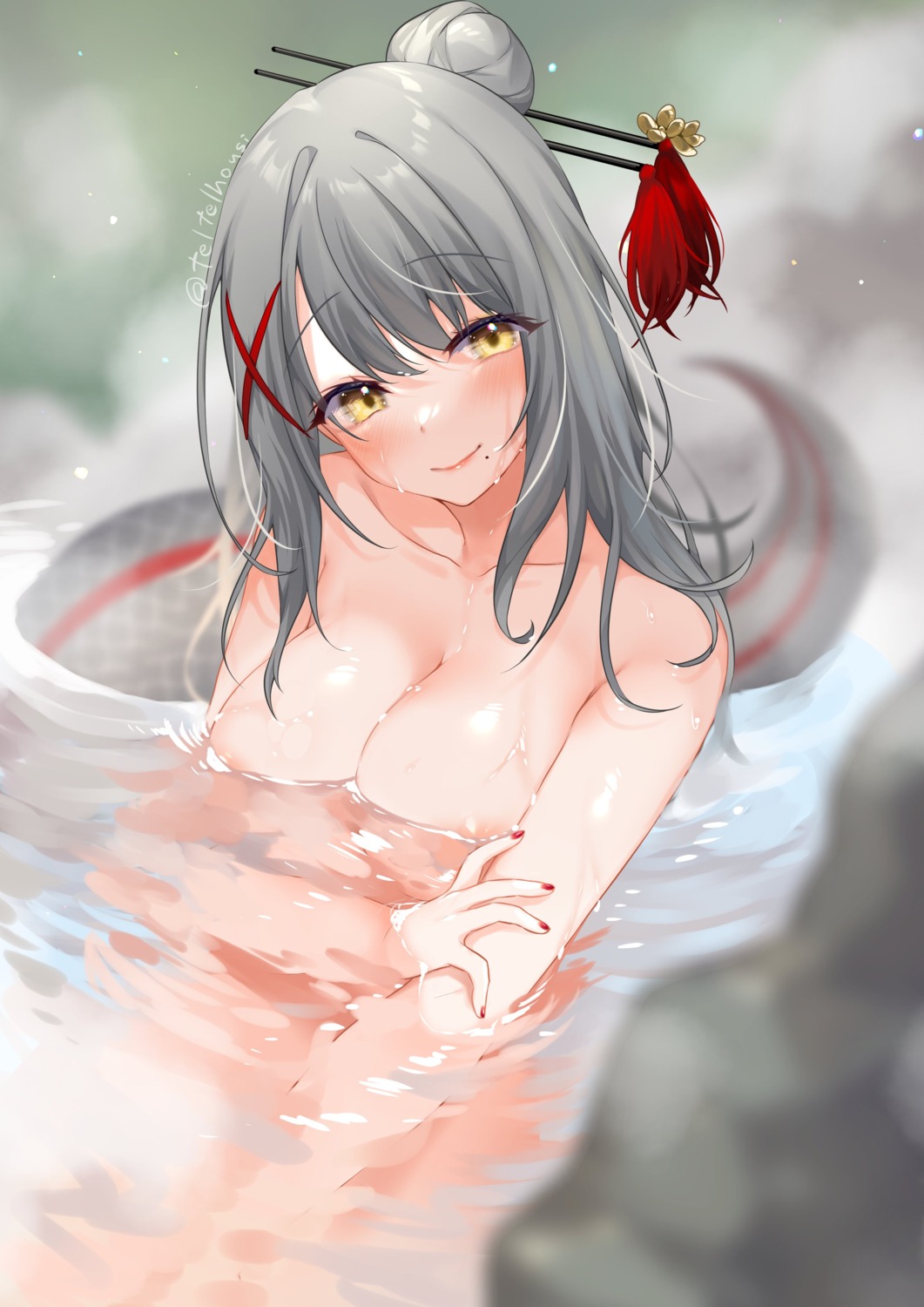bathing naked onsen tail teltelhousi wet
