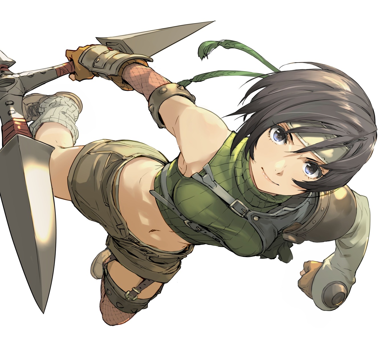 armor enami_katsumi final_fantasy final_fantasy_vii fishnets stockings sweater thighhighs weapon yuffie_kisaragi