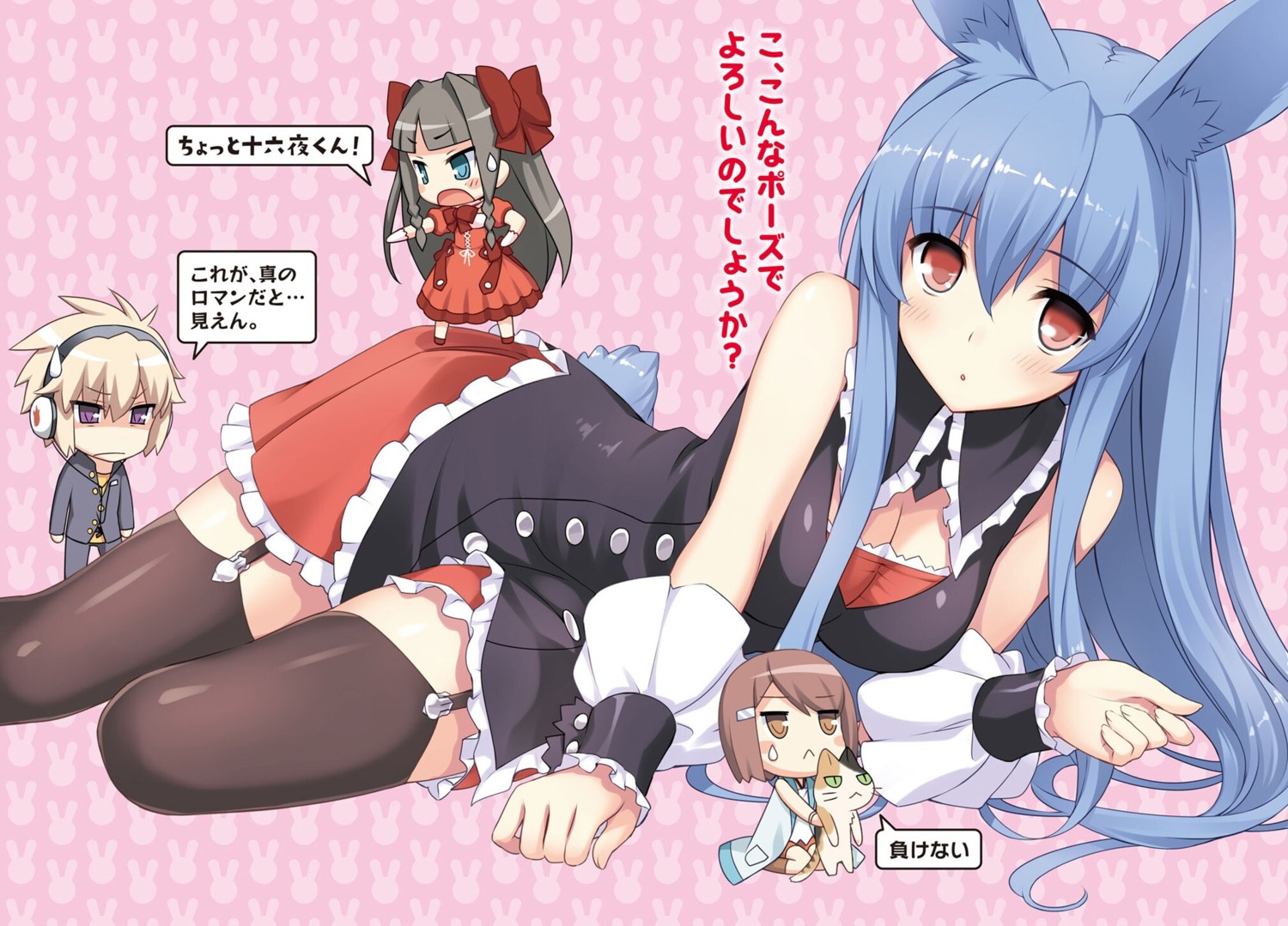 amano_yuu animal_ears bunny_ears chibi cleavage dress headphones kasukabe_you kudou_asuka kurousagi_(mondaiji) mikeneko mondaiji_tachi_ga_isekai_kara_kuru_sou_desu_yo? sakamaki_izayoi stockings thighhighs