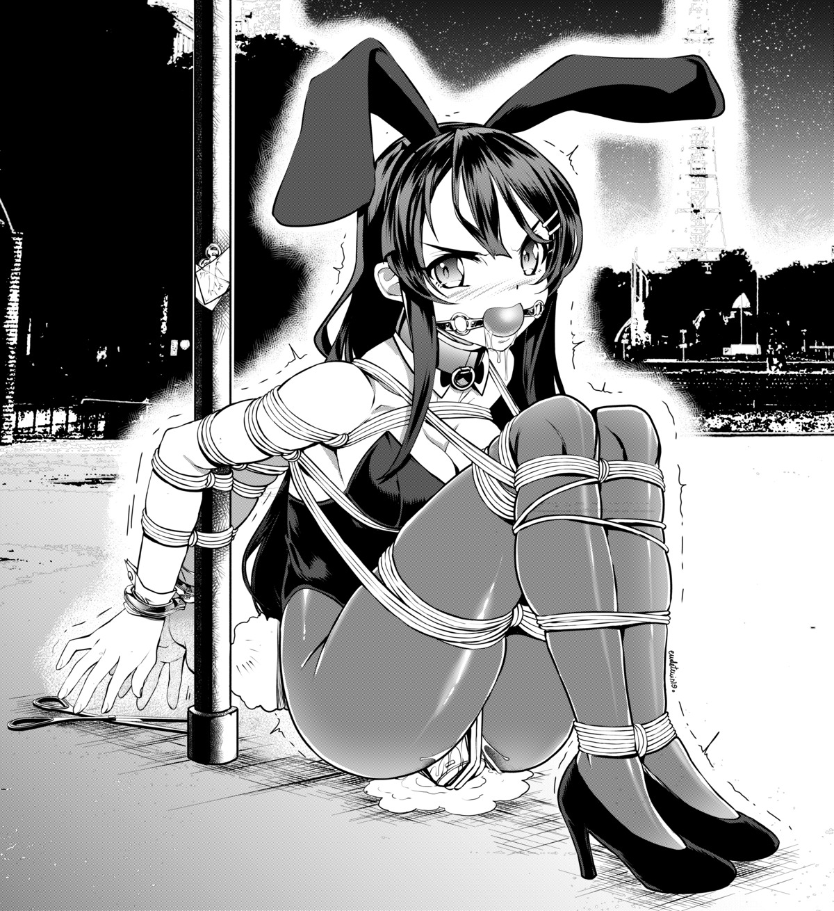 animal_ears bondage bunny_ears bunny_girl eudetenis fishnets heels monochrome pantyhose pussy_juice sakurajima_mai seishun_buta_yarou tail vibrator