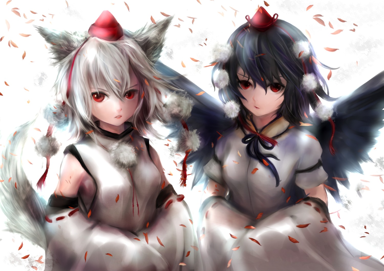 animal_ears inubashiri_momiji shameimaru_aya touhou wings zhang_xiao_bo