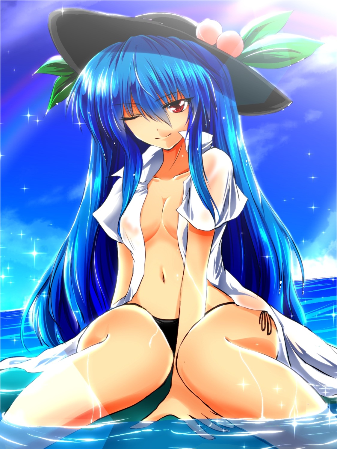 bikini cleavage hinanawi_tenshi nekominase no_bra open_shirt see_through swimsuits touhou wet_clothes