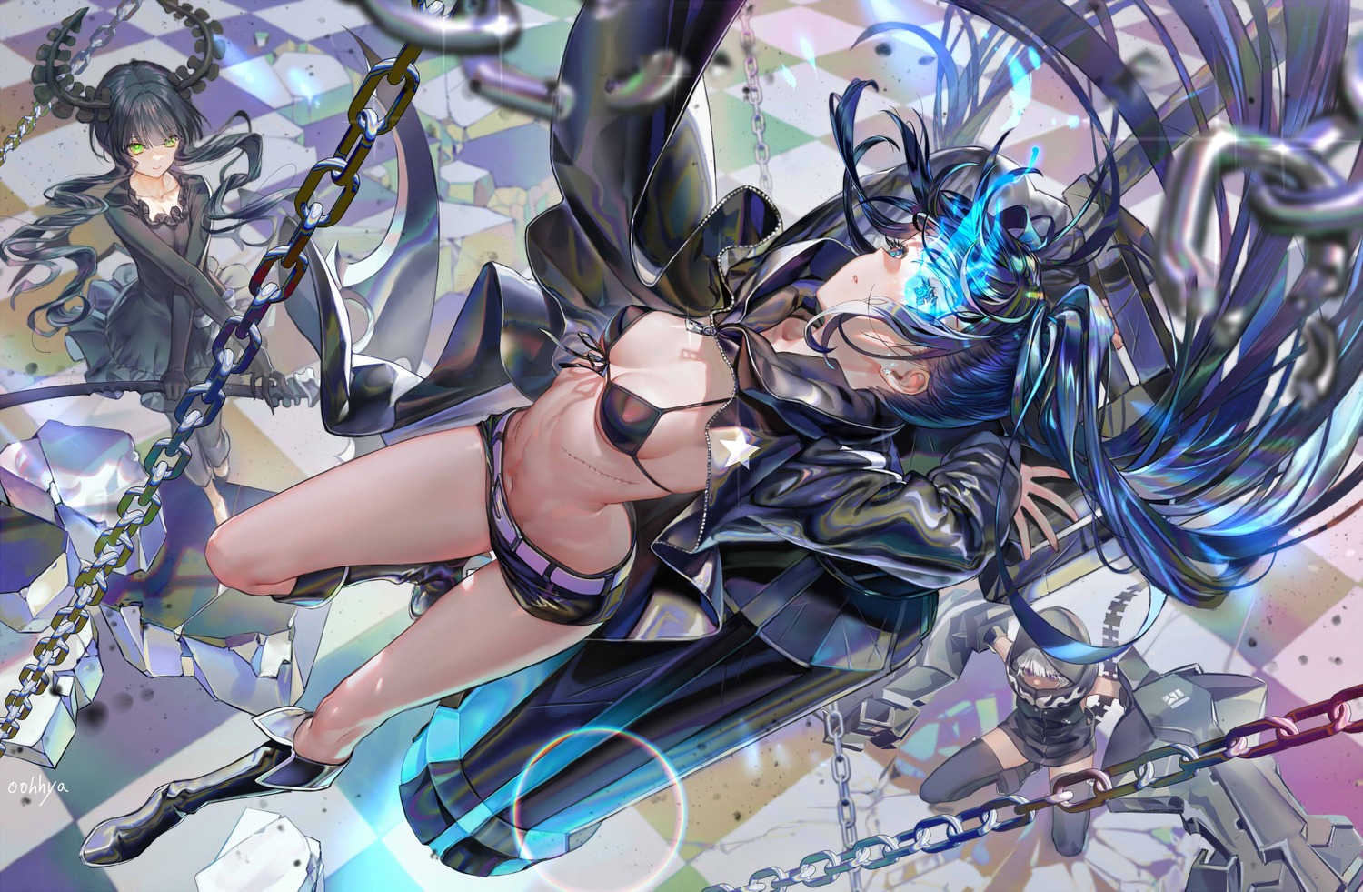 bikini_top black_rock_shooter black_rock_shooter_(character) dead_master dress horns oohhya open_shirt strength swimsuits tail wallpaper weapon