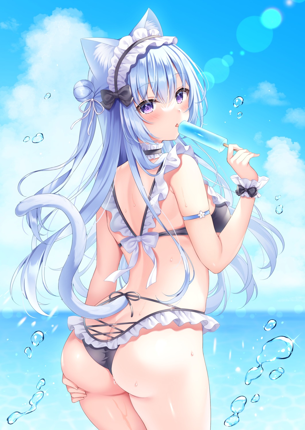 animal_ears artist_revision bikini nekomimi siooooono swimsuits tail thong wet