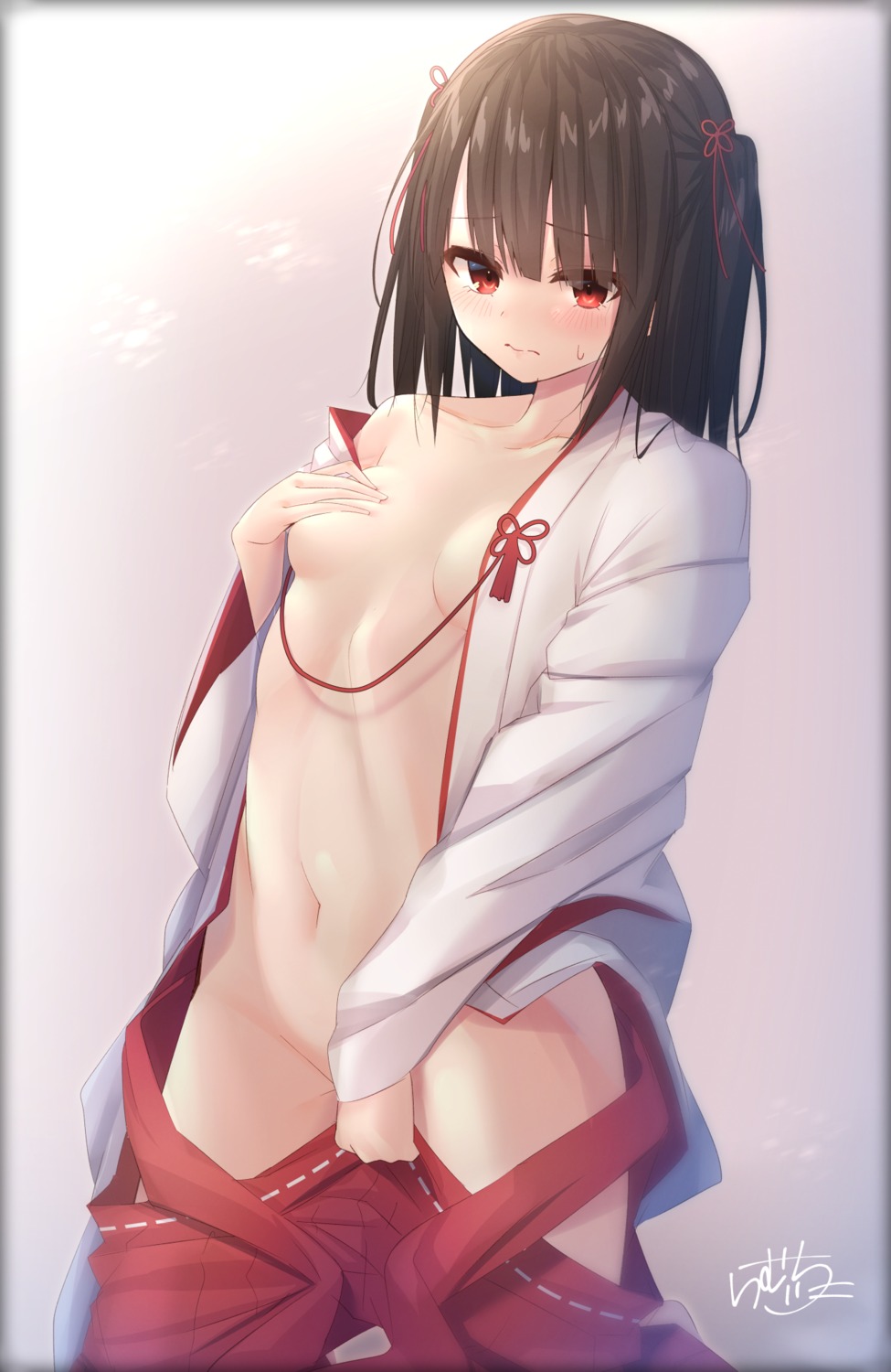 akane_karen breast_hold breasts miko no_bra nopan open_shirt ramchi