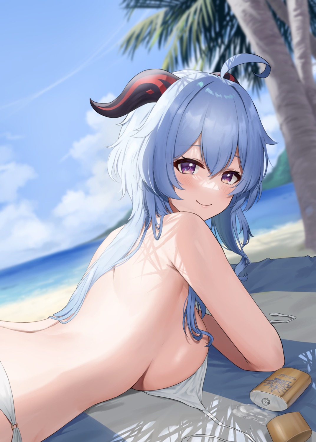 ayul_(ayulneri_92) bikini ganyu genshin_impact horns swimsuits wardrobe_malfunction