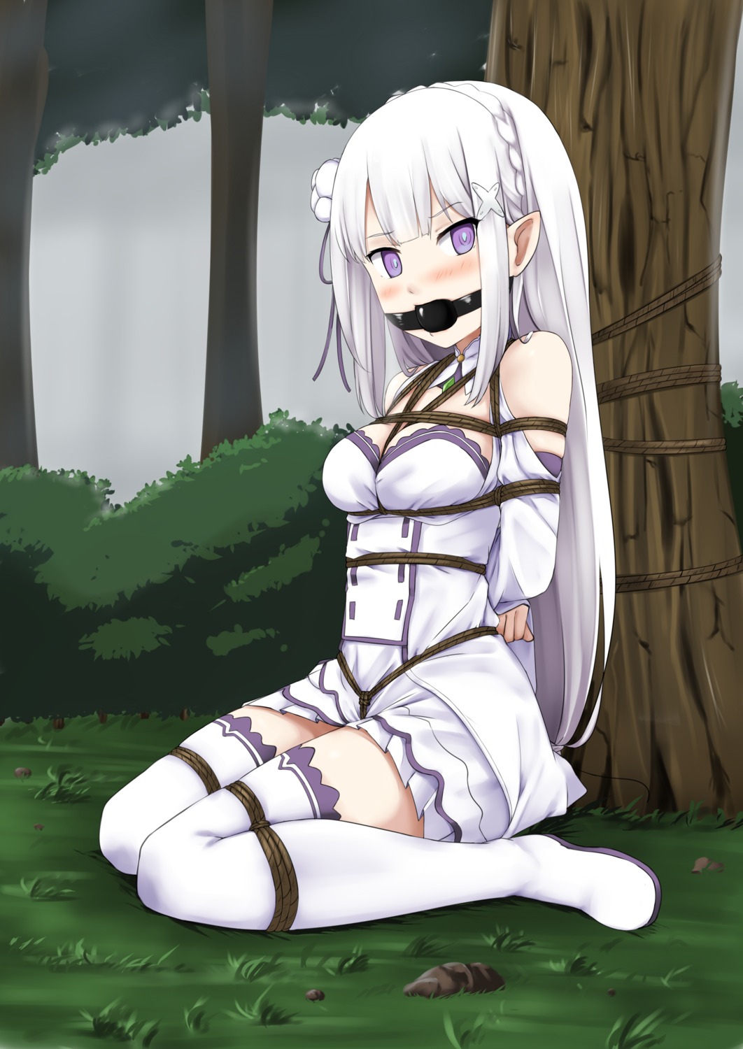 bondage elf emilia_(re_zero) kertasu pointy_ears re_zero_kara_hajimeru_isekai_seikatsu skirt_lift thighhighs