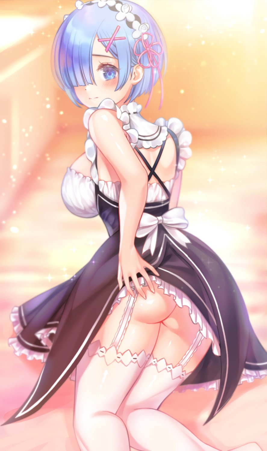 ass bindong maid nopan re_zero_kara_hajimeru_isekai_seikatsu rem_(re_zero) skirt_lift stockings thighhighs