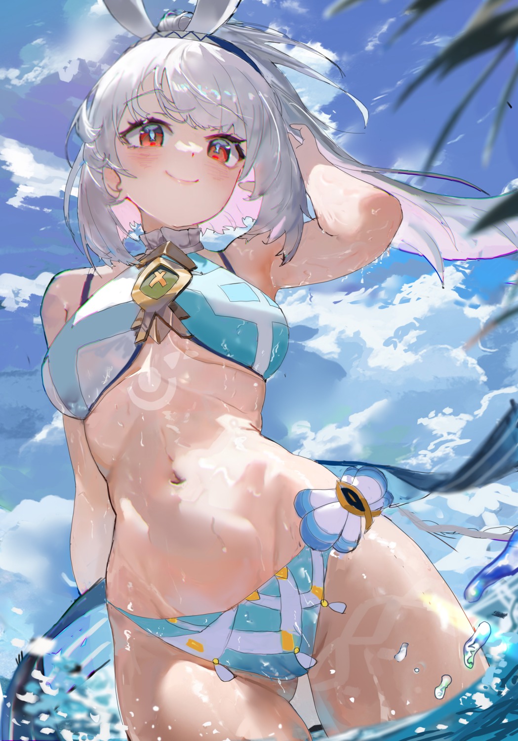 bikini cameltoe genshin_impact hui_zhong_zhi_meng mualani swimsuits tan_lines wet