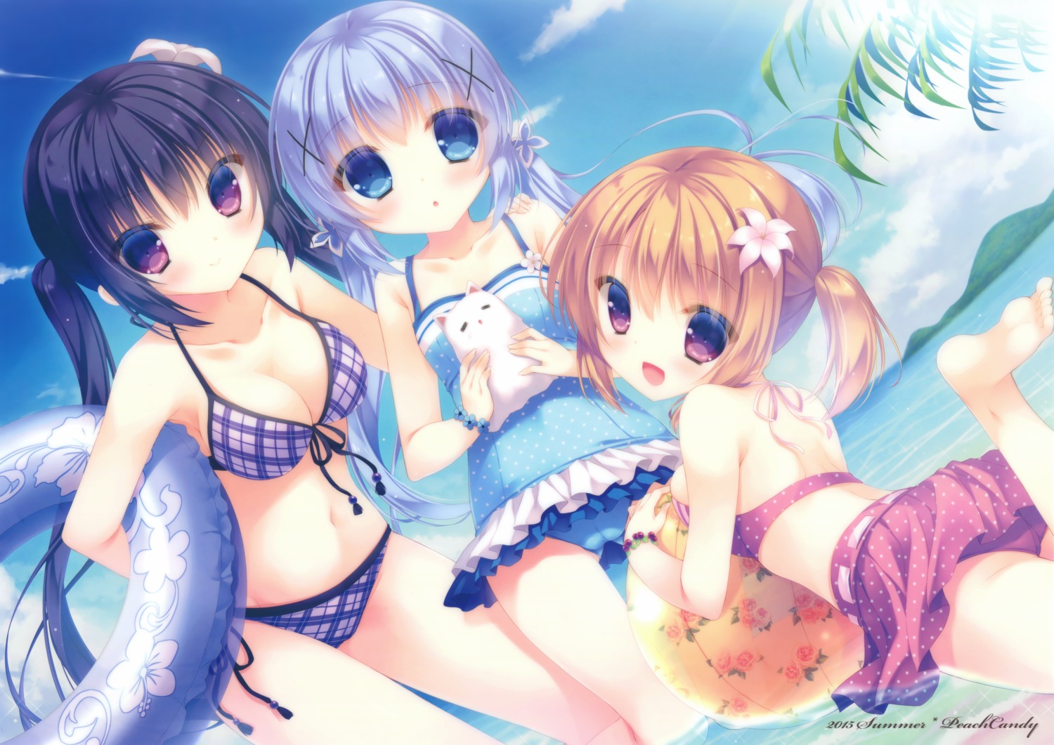 bikini cameltoe cleavage gochuumon_wa_usagi_desu_ka? hoto_cocoa kafuu_chino peach_candy swimsuits tedeza_rize wet yukie